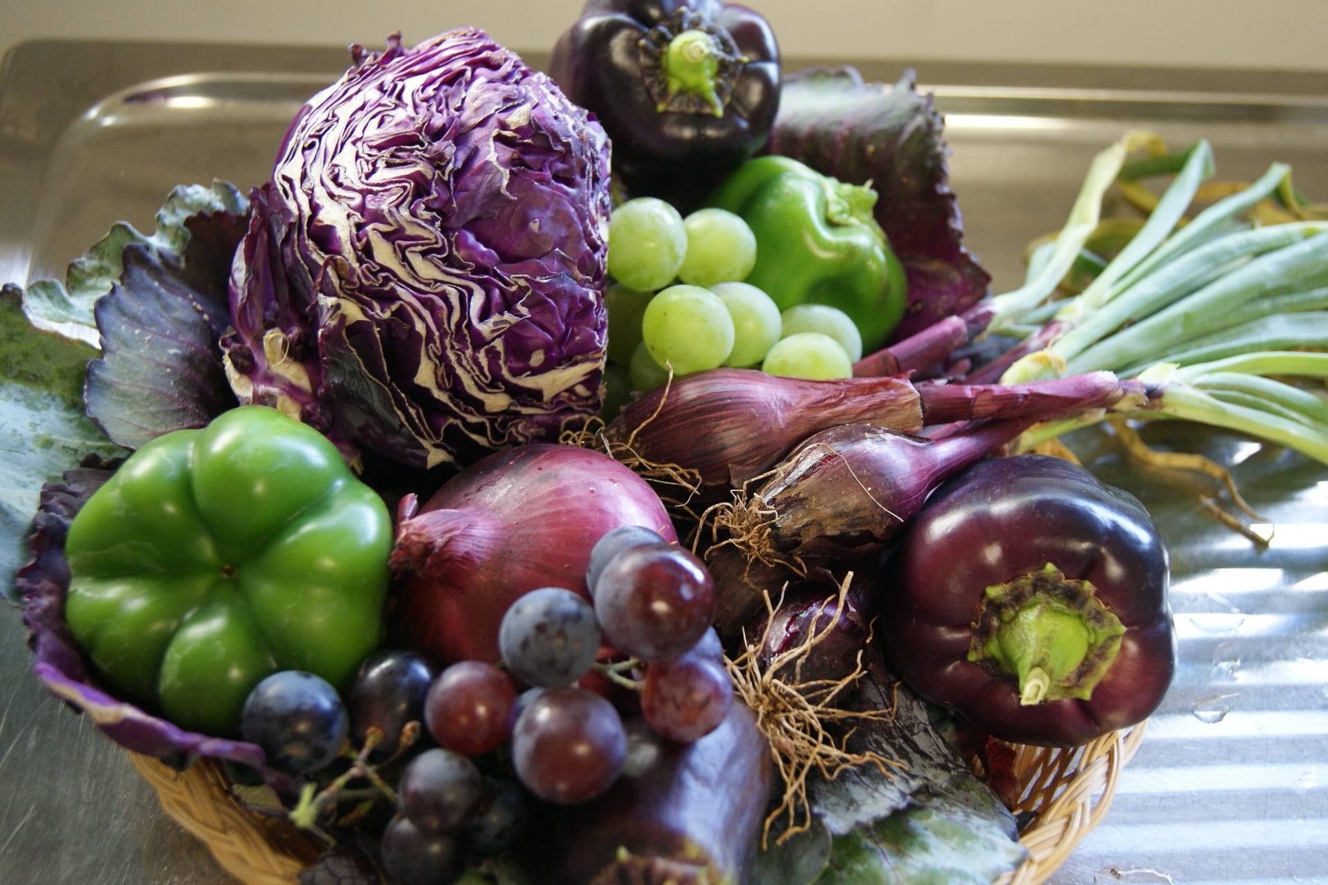 raw food, large group of objects, eggplant, wellbeing, onion, vegetable, close-up, 1080P, indoors, variation, food and drink, still life, grapes, container, HD Wallpaper