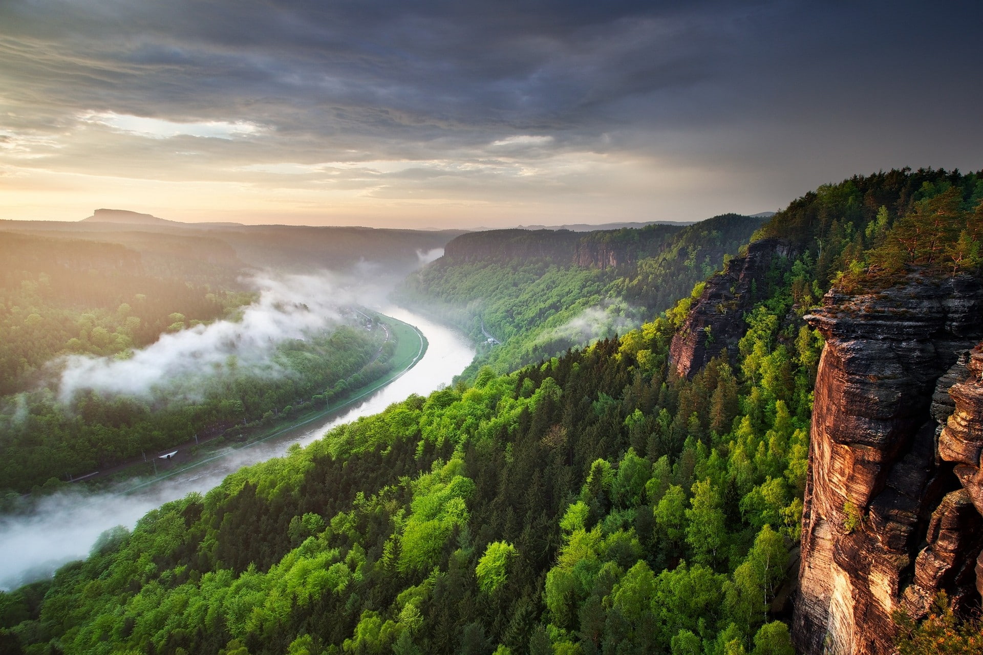 nature, sunset, river, 1080P, Czech Republic, clouds, landscape, forest, cliff, spring, canyon, mist, HD Wallpaper