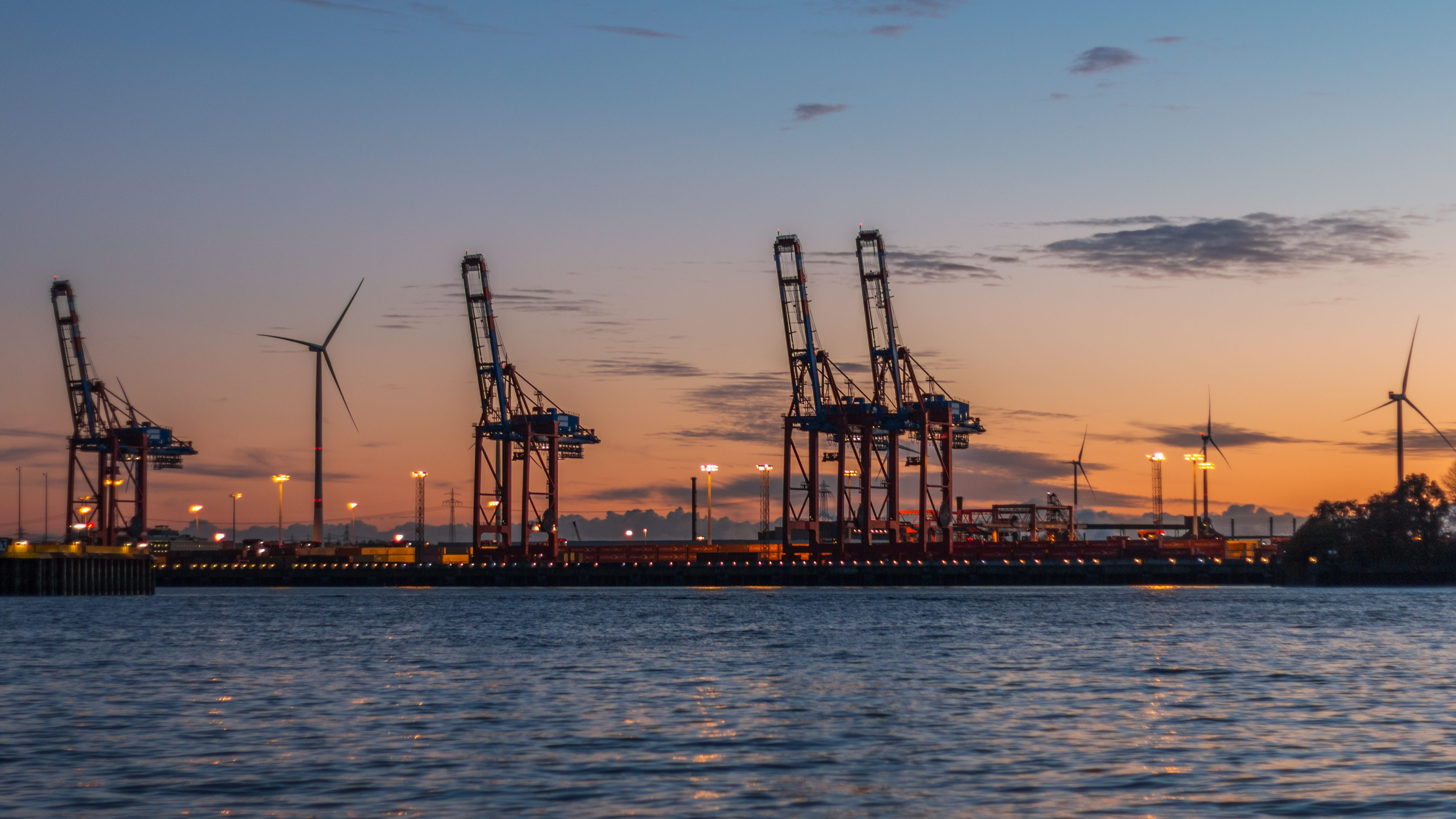 waterfront, water, pier, business, nautical vessel, transportation, lights, no people, sky, urban, crane - construction machinery, building, body, river, HD Wallpaper