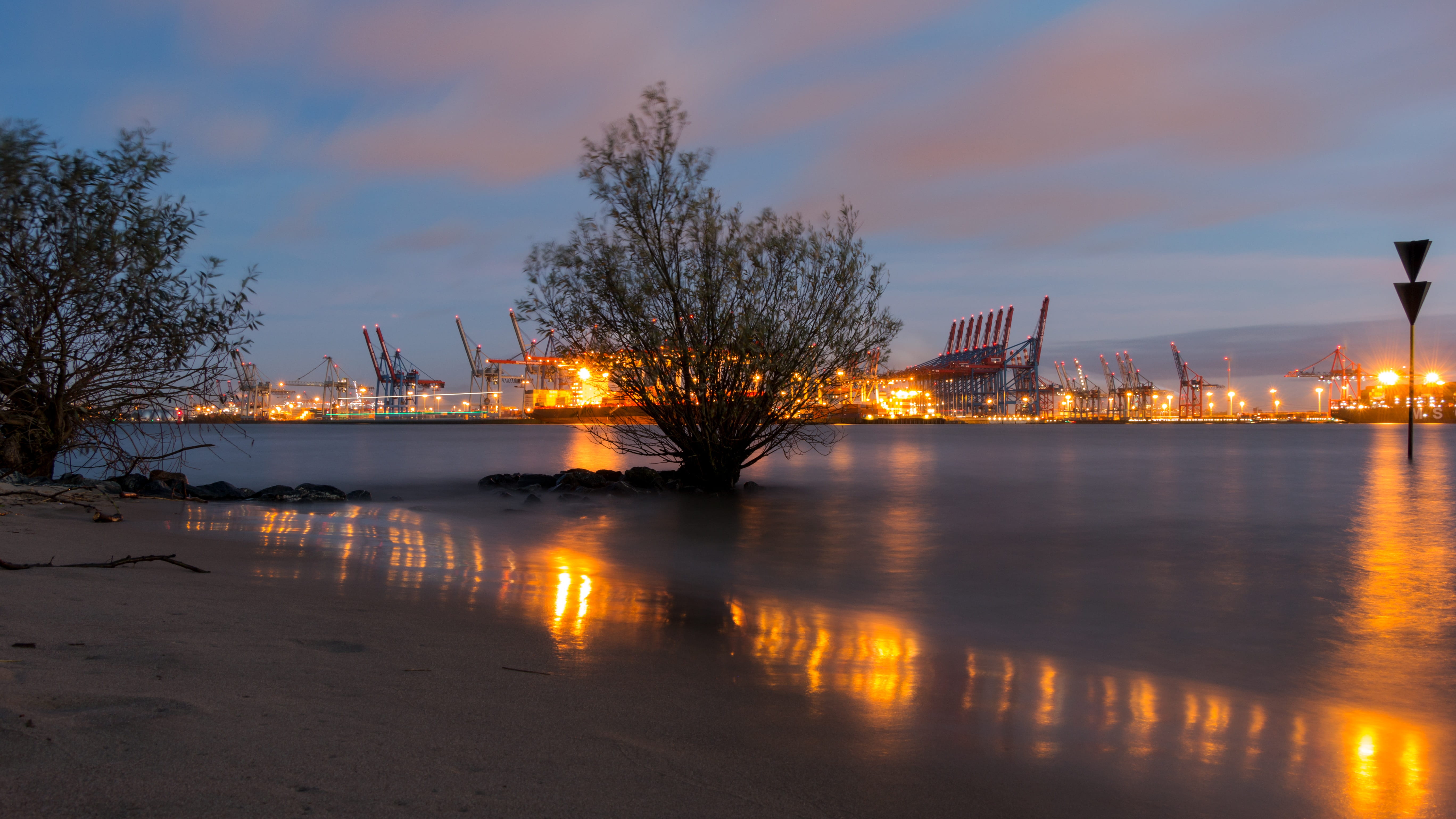 water, elbe, illuminated, evening light, built structure, lighting equipment, no people, ship, elbe beach, lights, outdoors, sky, crane - construction machinery, HD Wallpaper