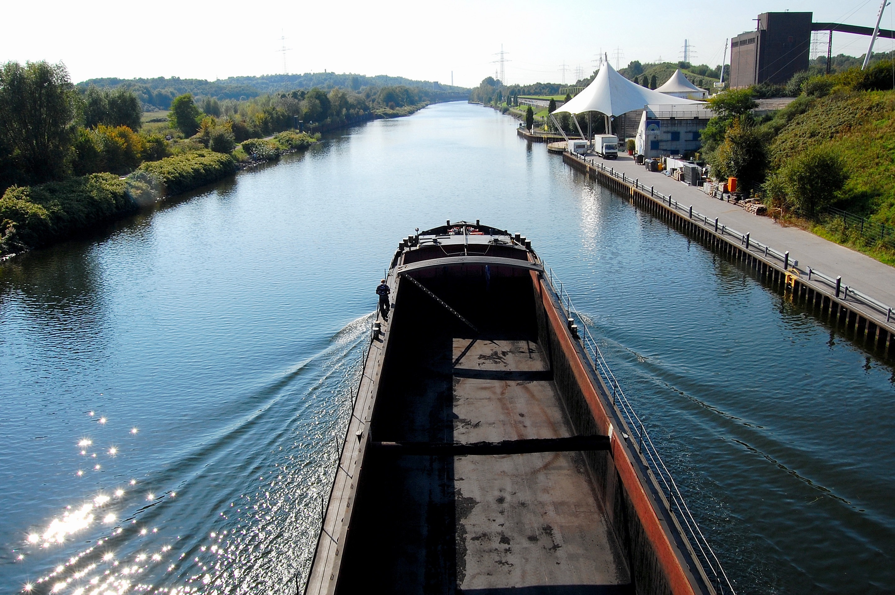 built structure, industrial park, ship, inland waterway transport, flowing water, high angle view, nautical vessel, sky, river, buga, bridge, nature, ruhr area, HD Wallpaper