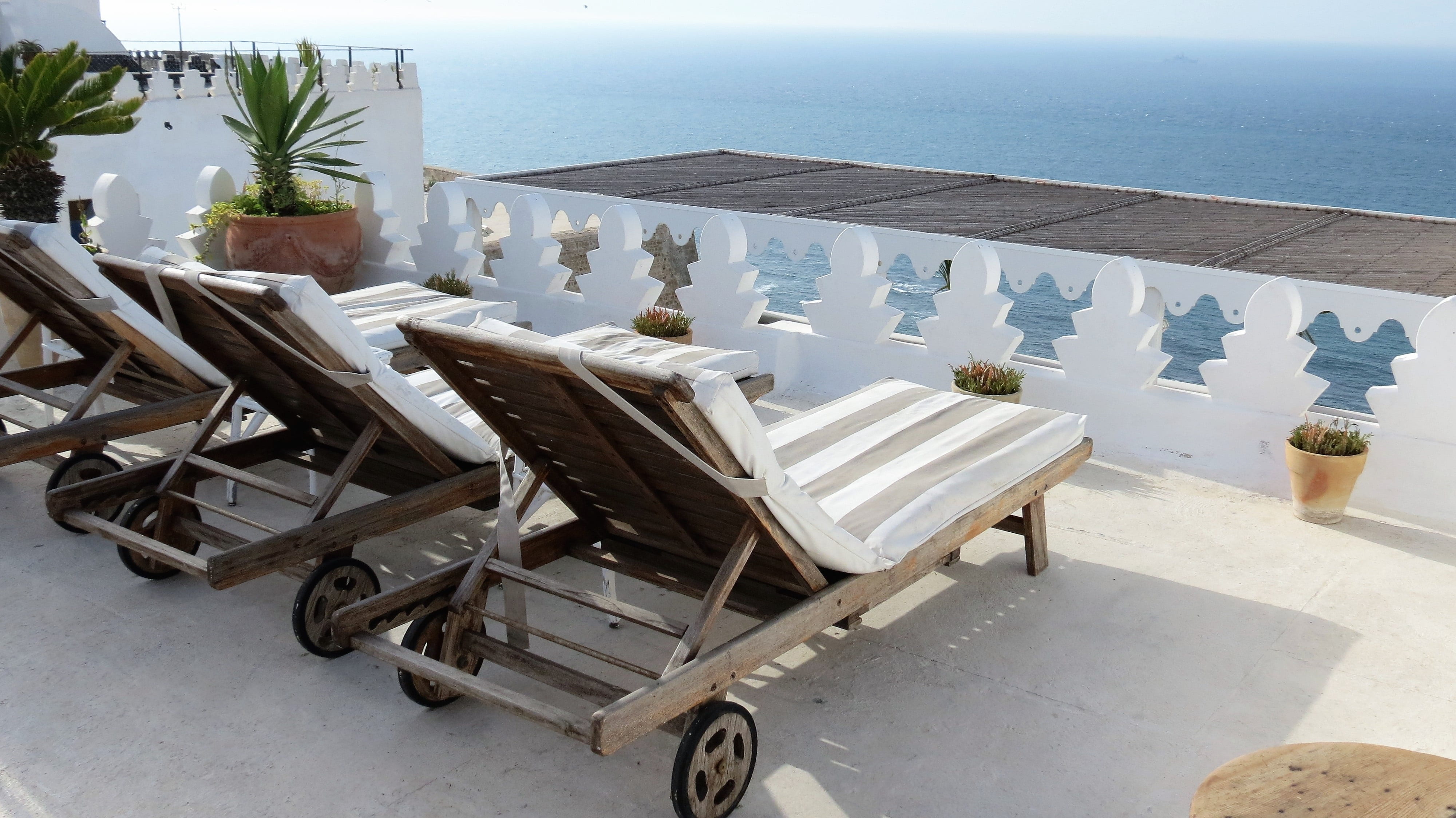 ocean, horizon, seat, morocco, patio, luxury, outdoor chair, food and drink, deck chair, hotel, absence, travel destinations, wealth, no people, nature, HD Wallpaper