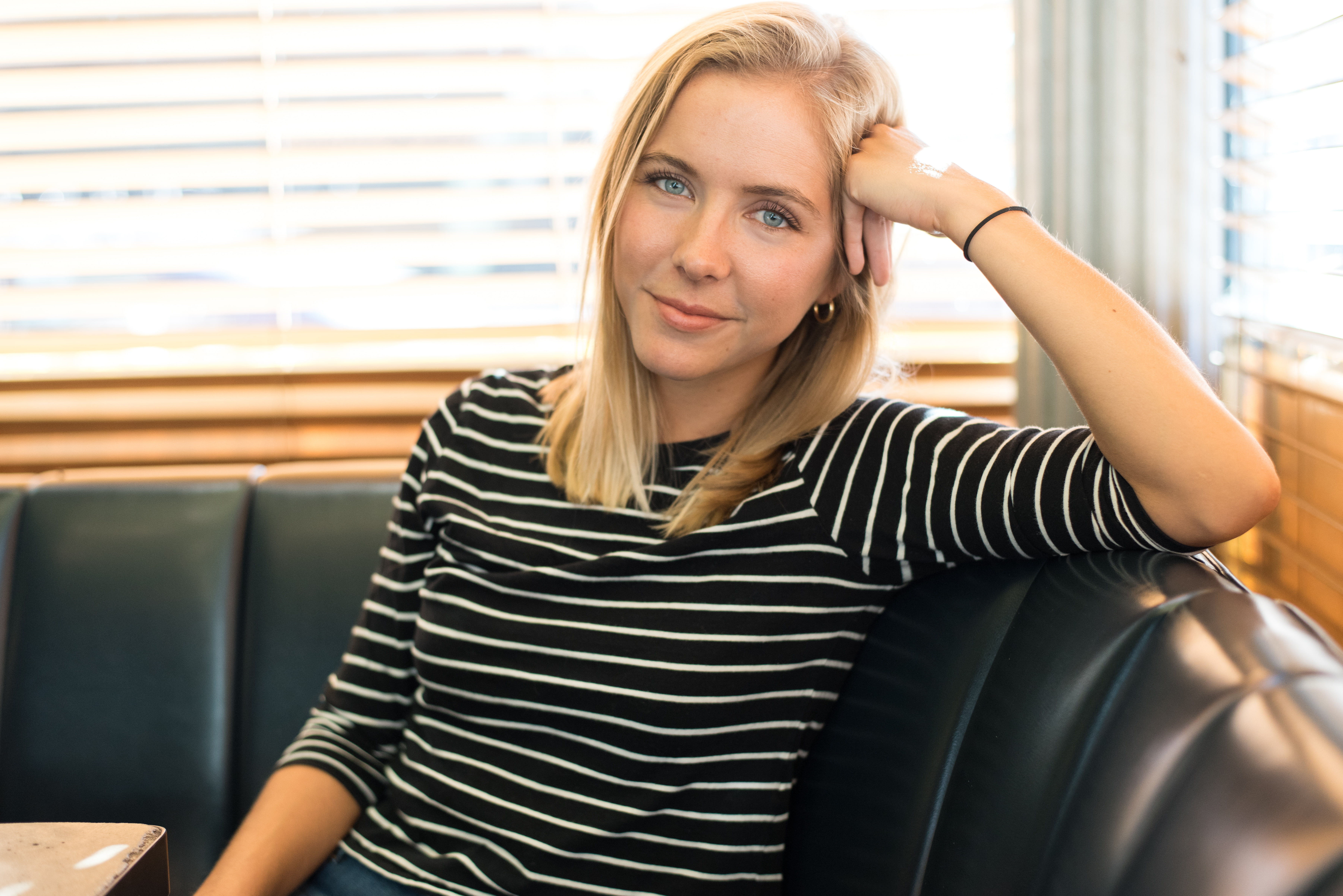 8k, young adult, head in hands, sitting, furniture, striped, women, hd, blond hair, stephanie danler, girls, adult, beautiful woman, office, emotion, 5k, HD Wallpaper