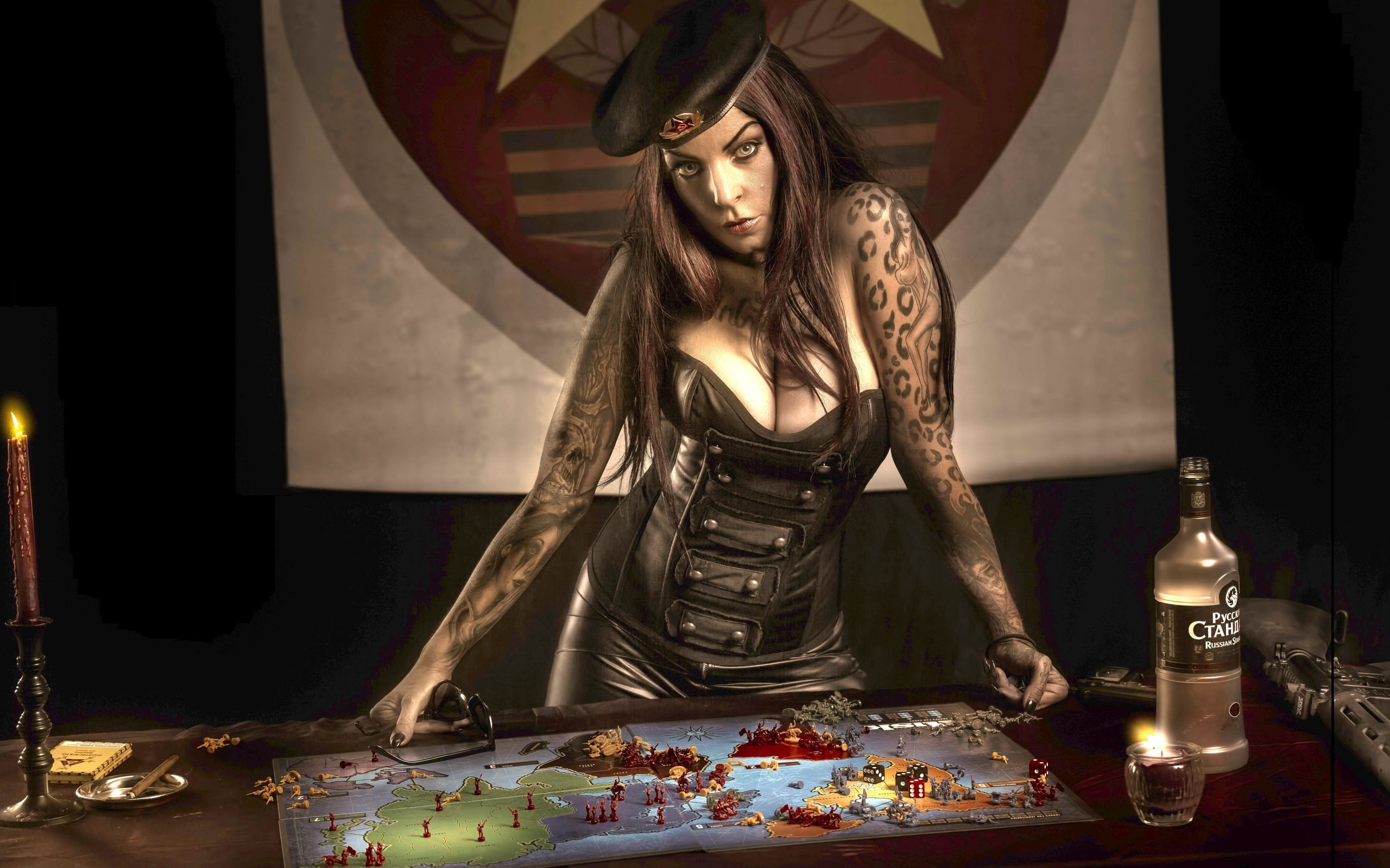 vodka, sexy, tattoo, map, standard, russkiy, standart, russian, corset, bottle, beret, 2K, rocink, HD Wallpaper