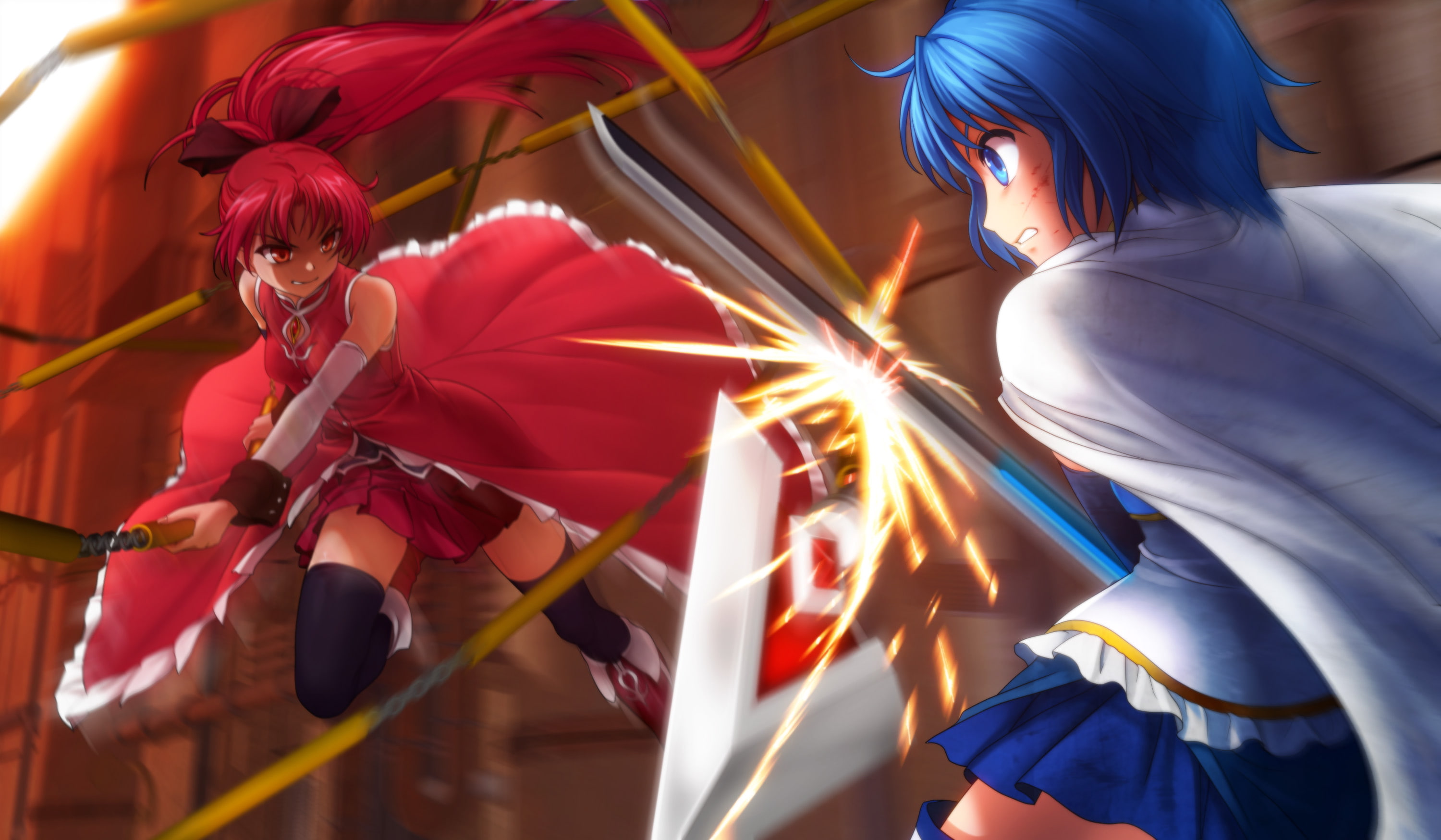 magica, miki, kyouko, short, sword, weapon, eyes, bow, shoujo, long, madoka, moonknives, hair, 2K, blue, sakura, skirt, red, sayaka, blood, girls, duplicate, HD Wallpaper