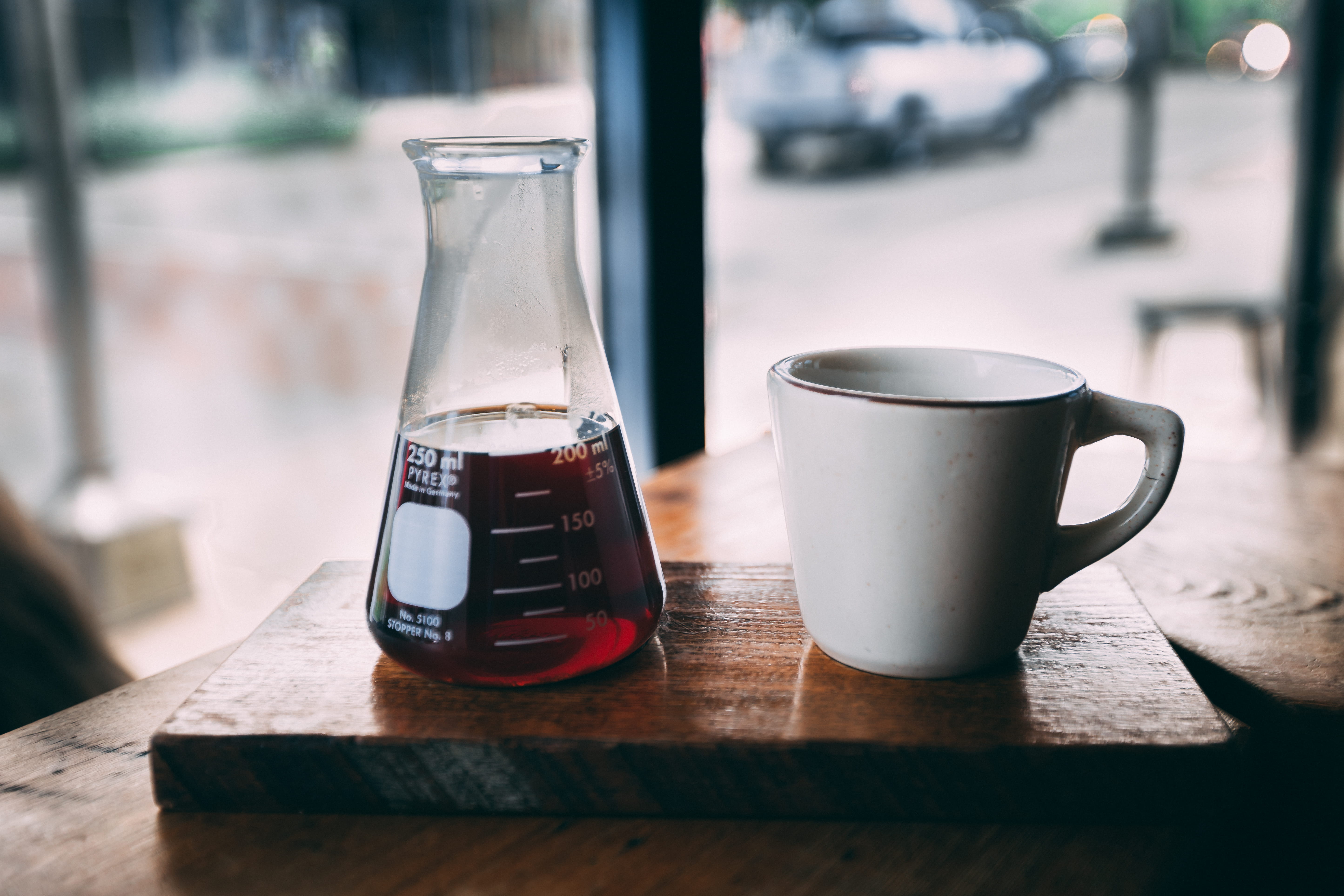 day, close-up, drink, coffee cup, sunlight, brown, focus on foreground, flask, still life, table, white, indoors, wooden, no people, coffee - drink, food and drink, HD Wallpaper