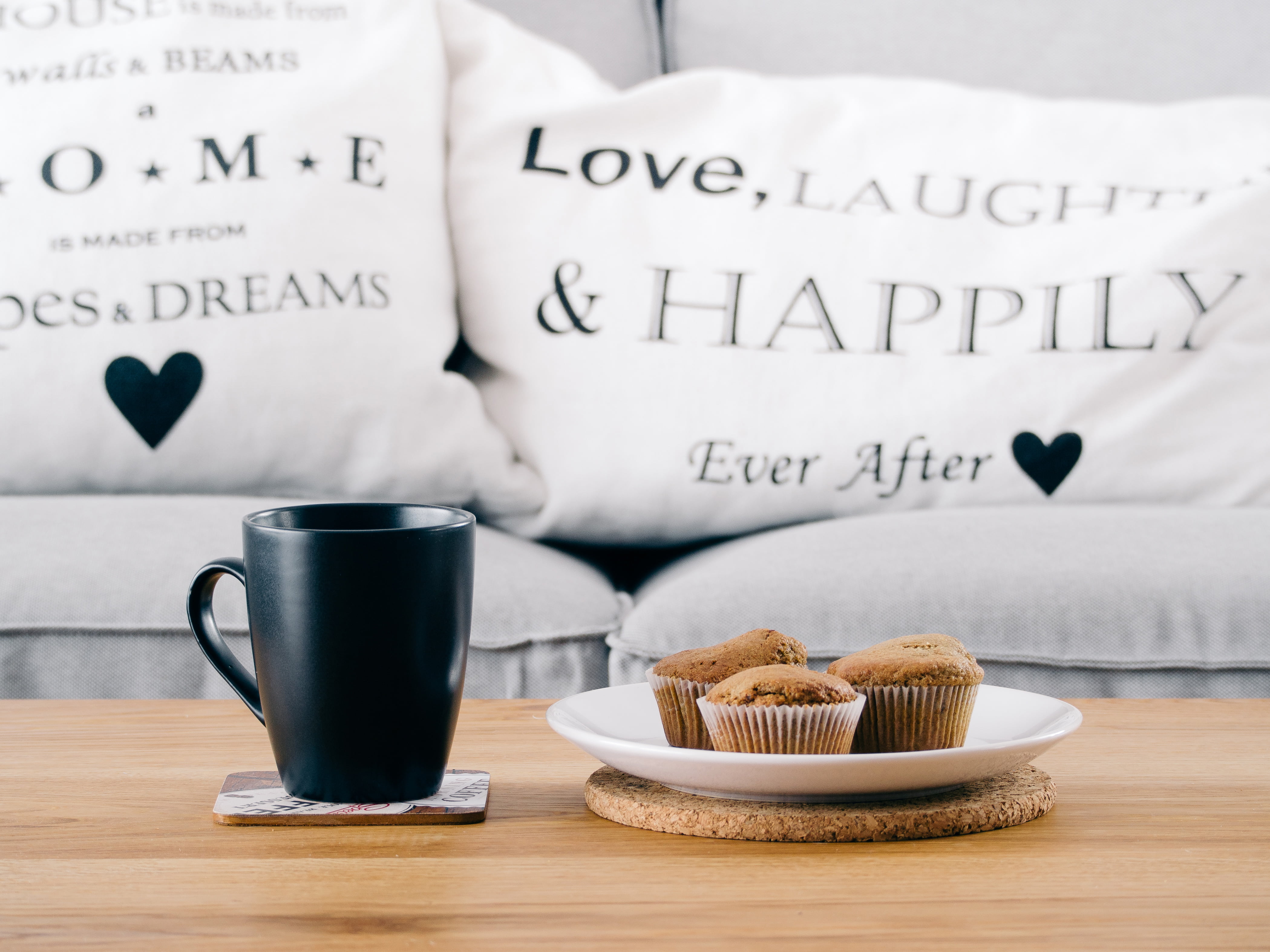beside, black, cupcakes, baked, white, 4K, ceramic, coffee cup, surface, message, food, close-up, coffee, chocolate, couch, near, furniture, plate, coffee - drink, HD Wallpaper