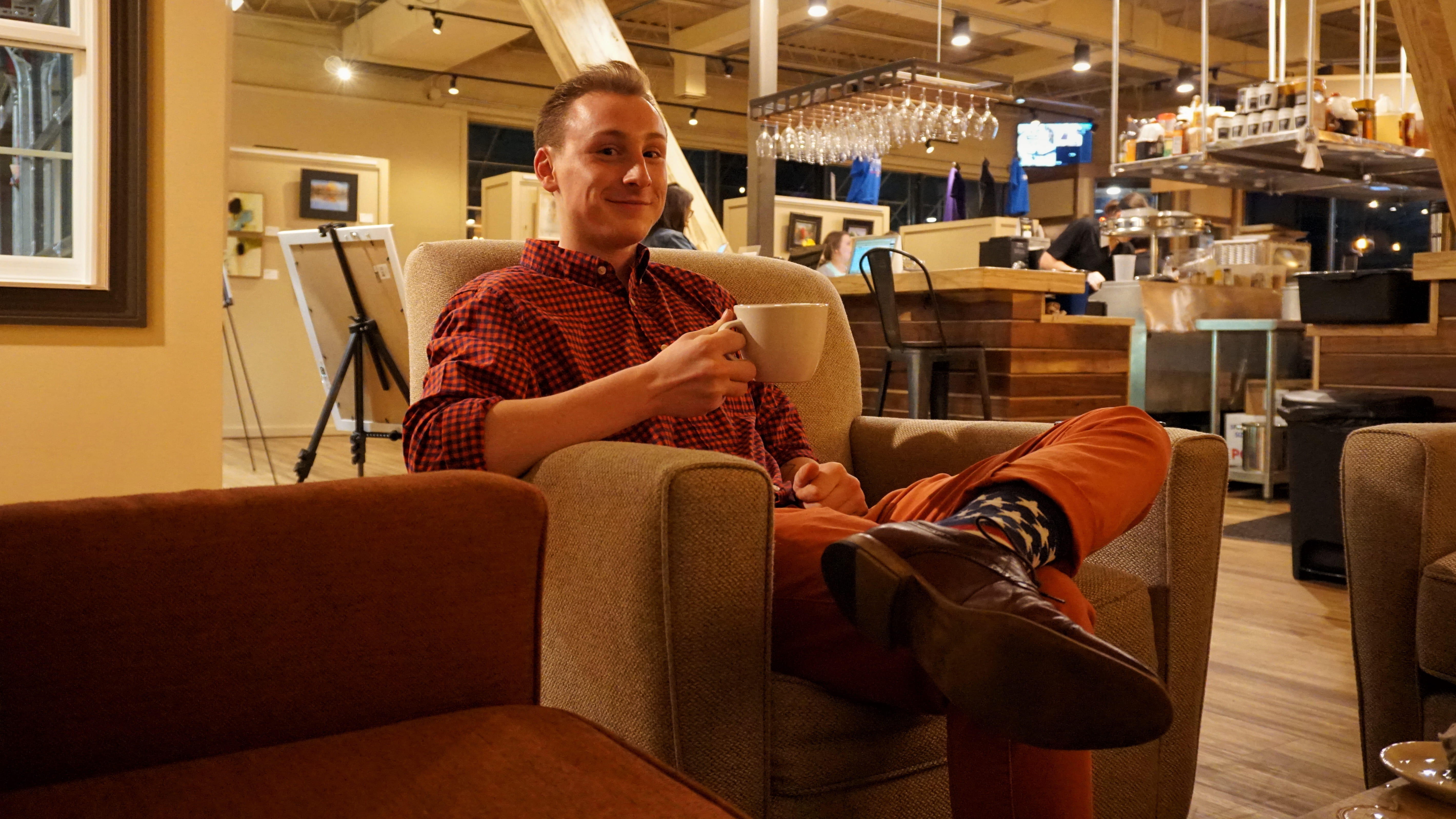 wood, furniture, adult, seat, looking at camera, coffee, relaxation, coffeeshop, casual clothing, united states, grin, lawrence ks, computer, plywood, person, HD Wallpaper