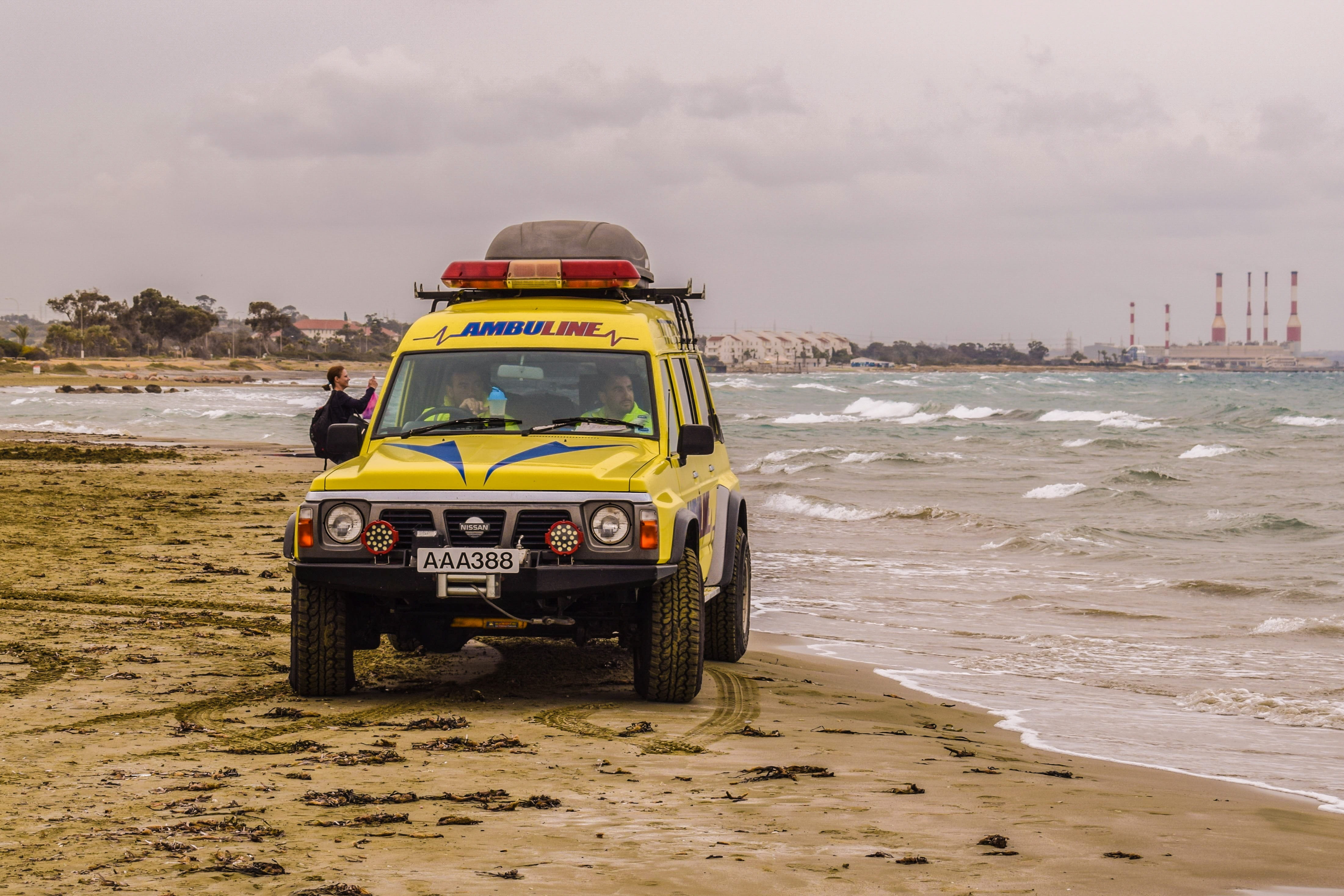 Patrol, car, dirt Road, Emergency, city, outdoors, travel, architecture, mode of transportation, vehicle, land, water, 4K, security, rescue, sand, Ambulance, HD Wallpaper