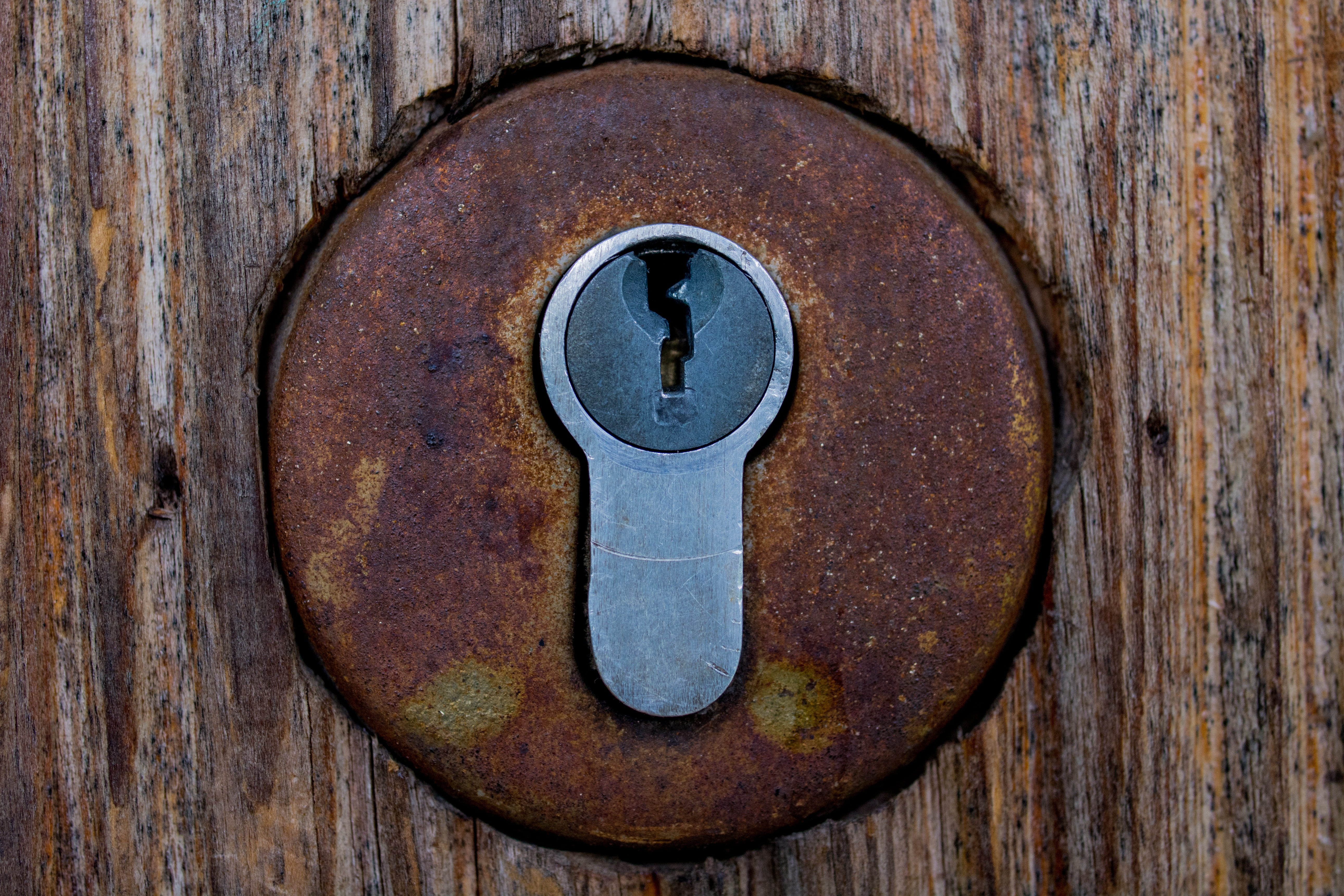 rusted, keyhole, close-up, old, rusty, protection, geometric shape, deadbolt, tree, handle, lock, castle, metal, weathered, 5K, safety, door, shape, textured, HD Wallpaper
