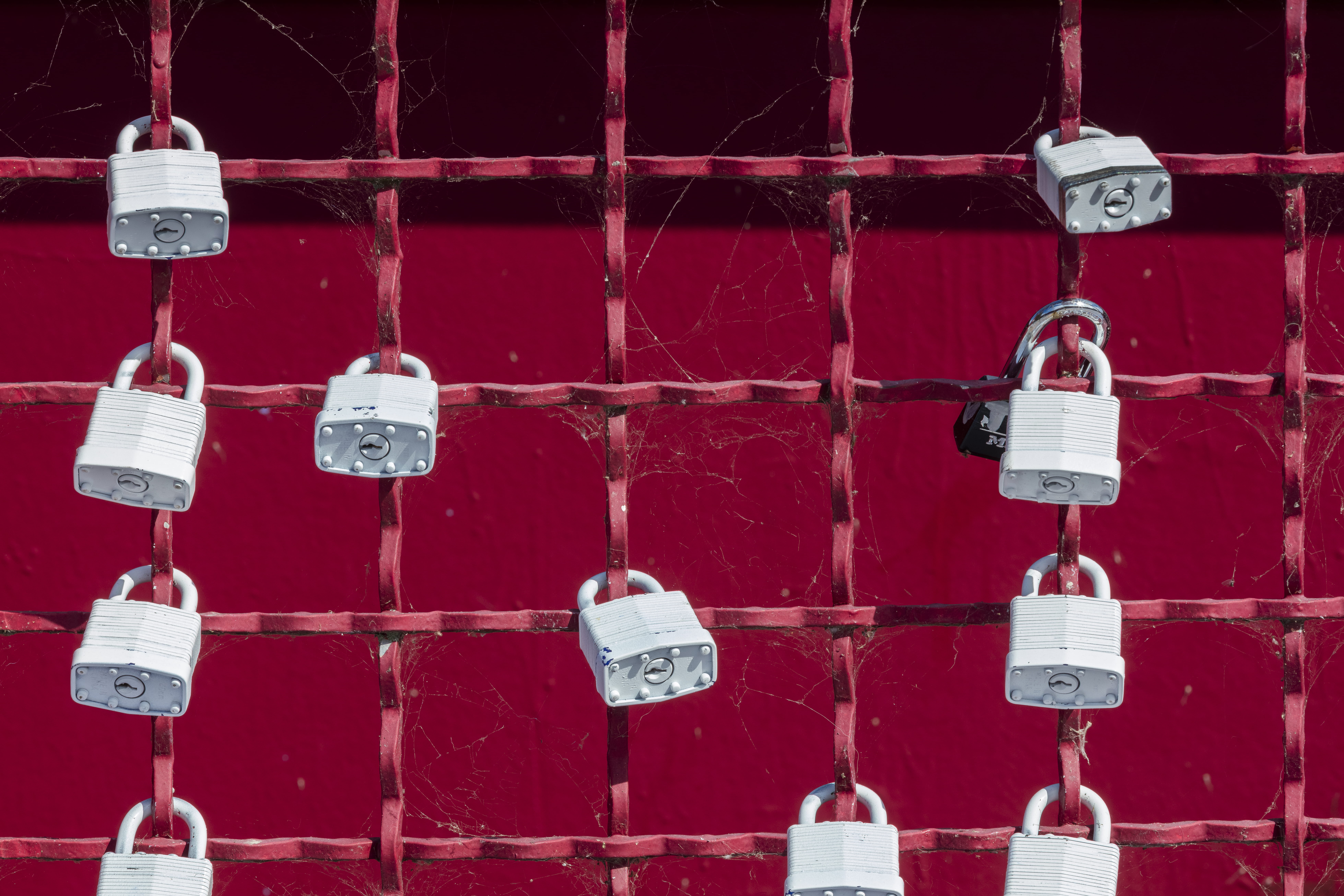 positive emotion, security, padlocks, gray, wall - building feature, text, 8K, fence, red, lot, communication, no people, lock, architecture, hanging, HD Wallpaper