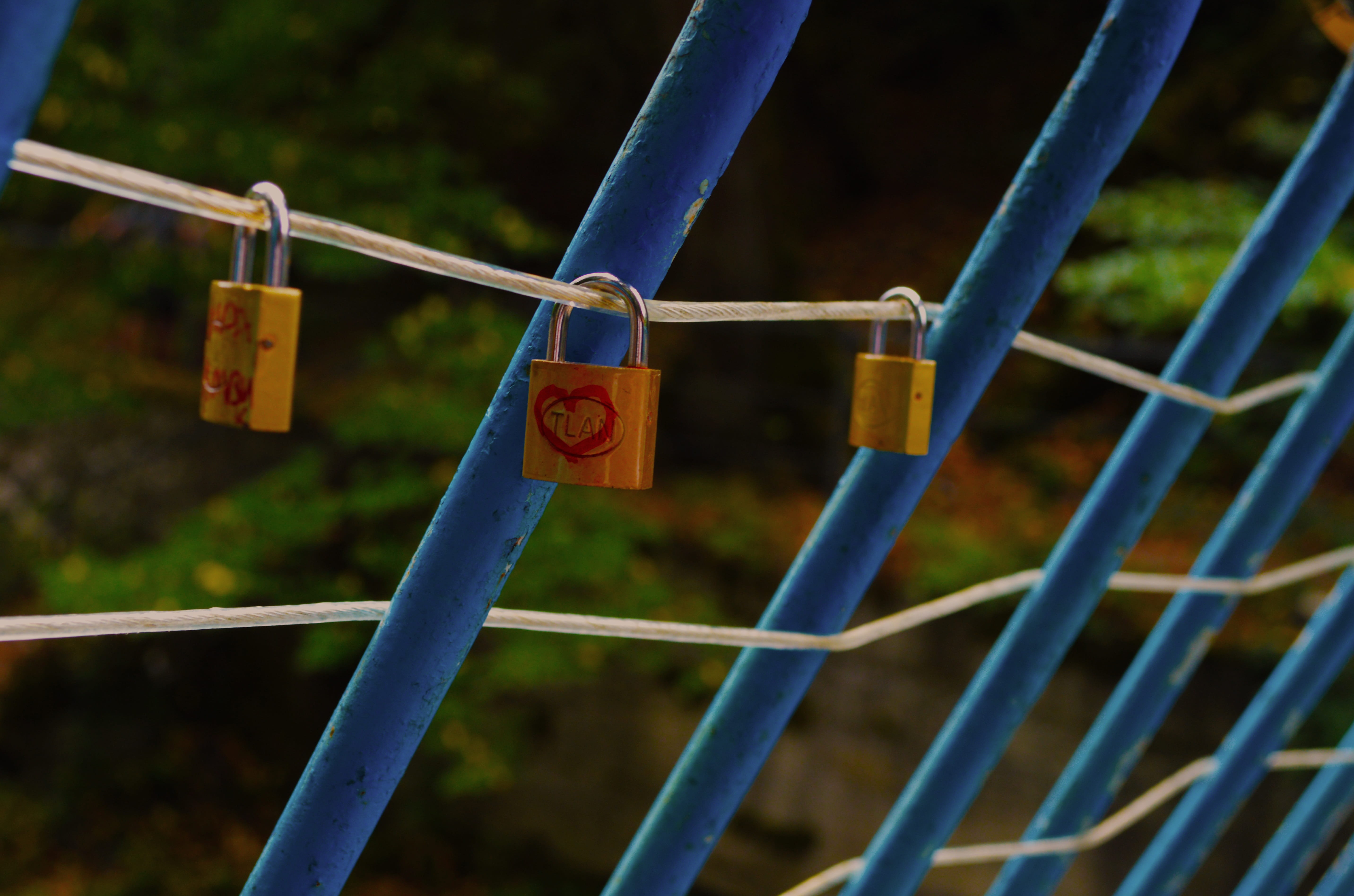 day, emotion, key, locks, protection, sign, railing, close-up, love, 5K, heart, safety, blue, outdoors, padlock, no people, text, positive emotion, padlocks, HD Wallpaper