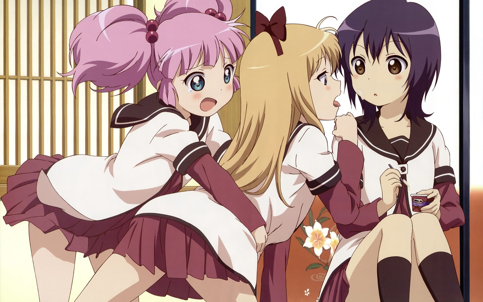 chinatsu, skirts, yoshikawa, art, yuru, yur, hd, funami, school uniforms, people, uniforms, 1080P, schoolgirls, pink, toshinou, school, hair, yui, kyouko, HD Wallpaper