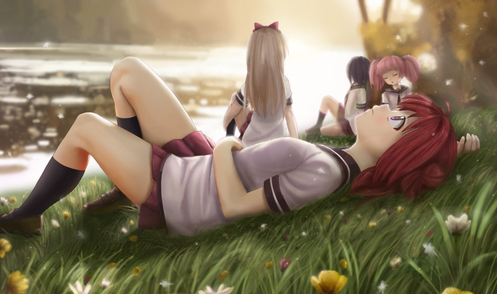 art, form, yoshikawa chinatsu, shore, yuri walk, akaza akari, sunset, anime, river, girls, Schoolgirls, novcel, 1080P, toshinou kyouko, funami yui, HD Wallpaper