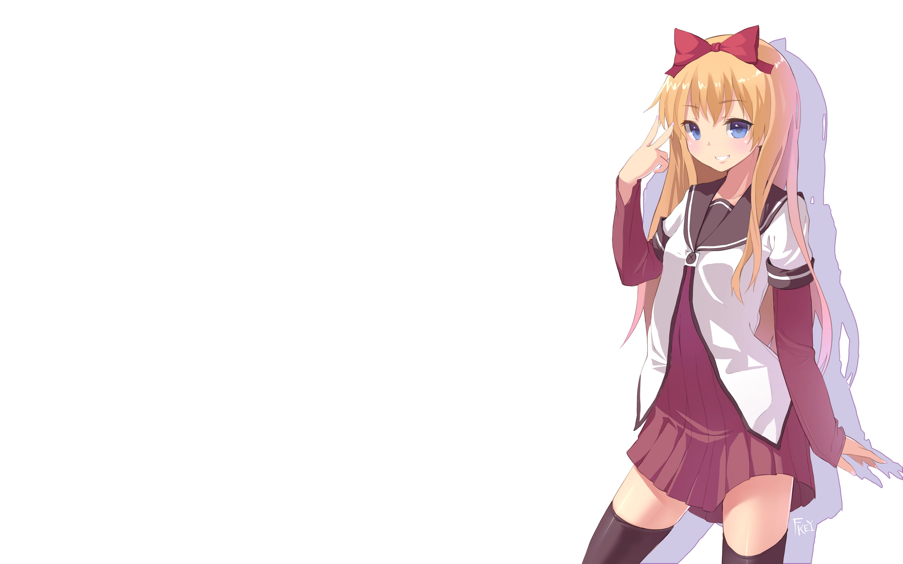 yuri, toshinou, hair, kyouko, seifuku, eyes, blonde, fkey, blue, 2K, yuru, white, long, bow, signed, thighhighs, HD Wallpaper