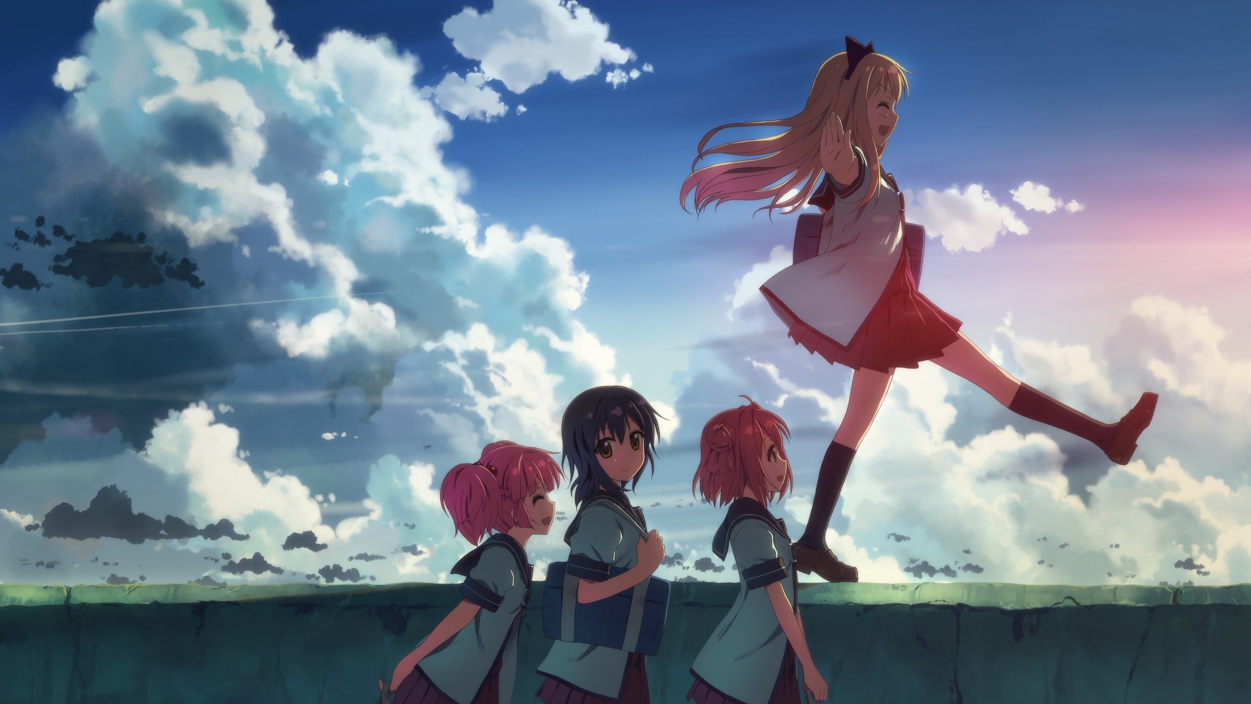lifestyles, people, casual clothing, adult, anime, young women, clouds, hairstyle, outdoors, Anime Girls, girls, Funami Yui, three quarter length, nature, HD Wallpaper