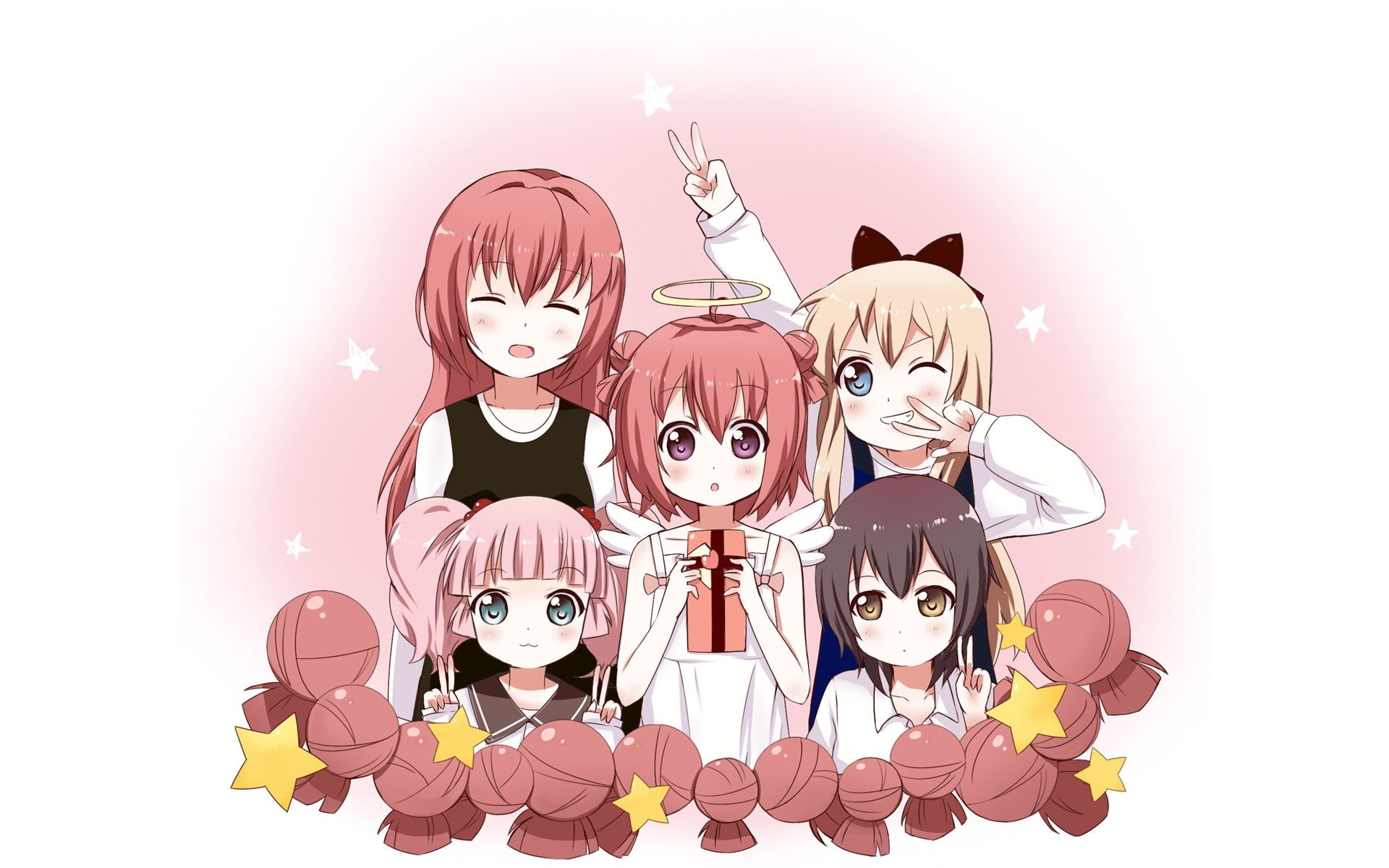 yoshikawa chinatsu, yuru yuri, cut out, 1080P, large group of objects, representation, studio shot, human representation, toshinou kyouko, people, domestic, HD Wallpaper
