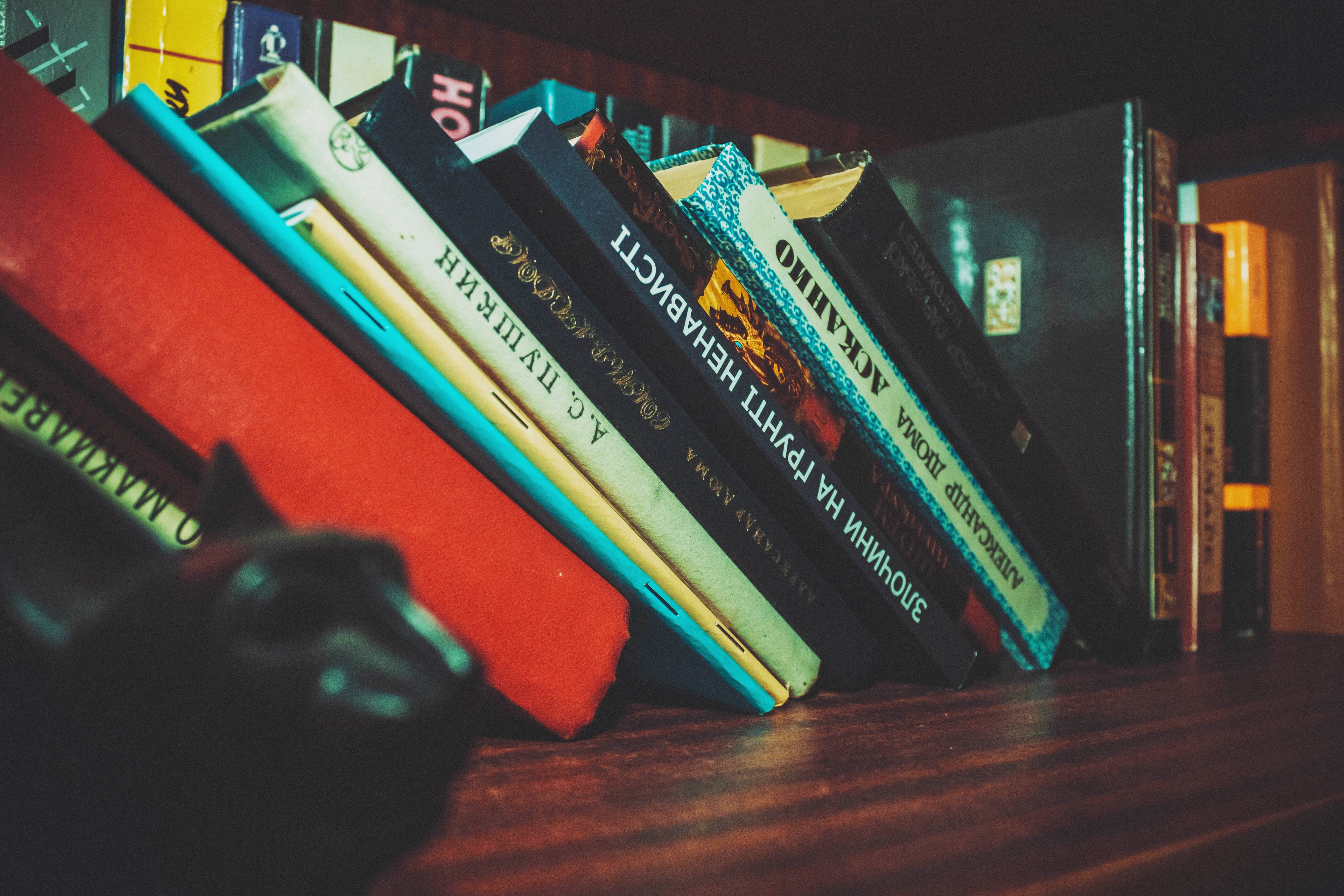 communication, publication, 5K, multi colored, business, knowledge, top, table, large group of objects, side by side, still life, no people, bookcase, HD Wallpaper
