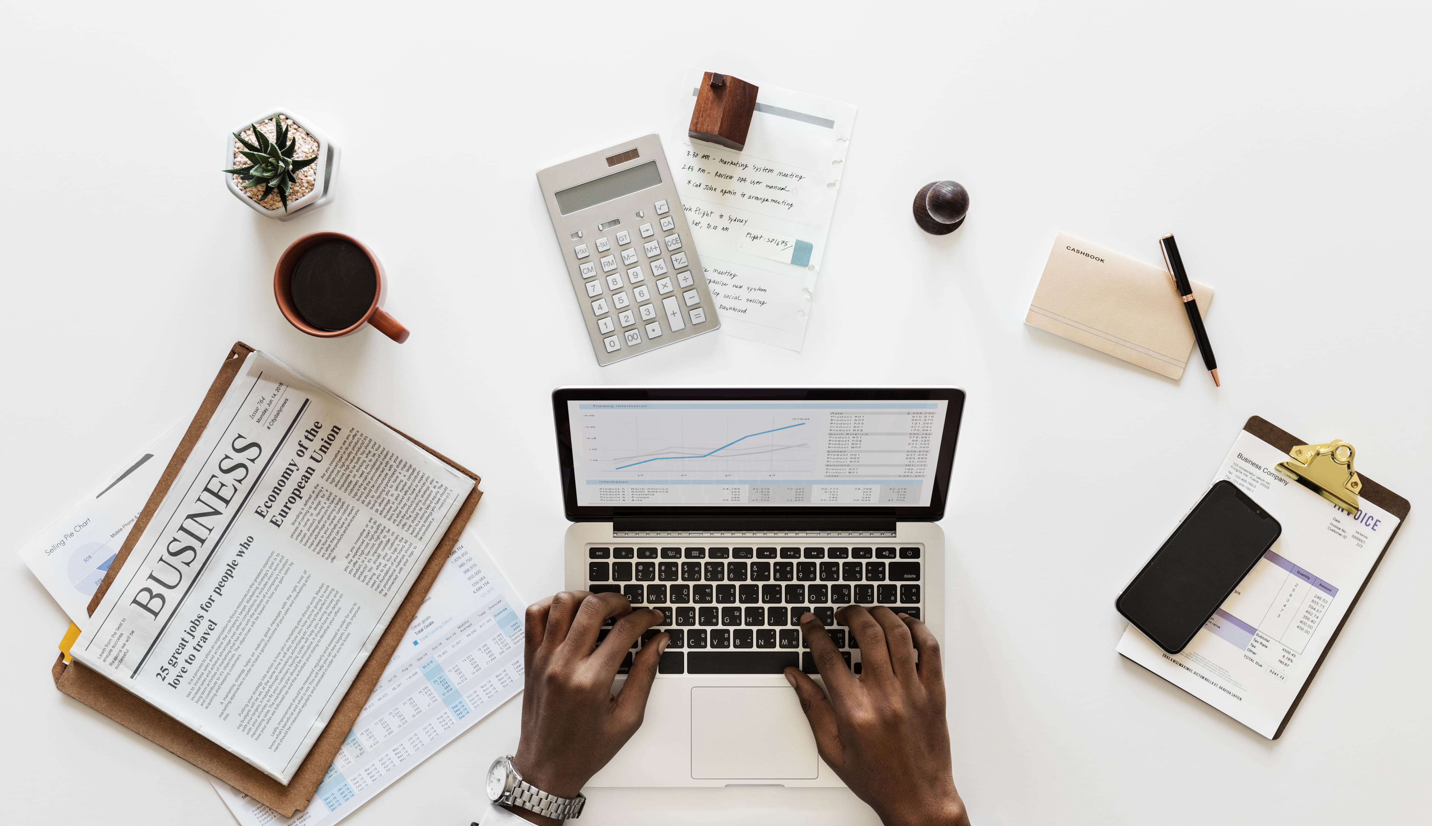 notebook, flatlay, newspaper, internet, calculator, adult, communication, 4K, technology, furniture, digital device, laptop, cup, indoors, human hand, HD Wallpaper