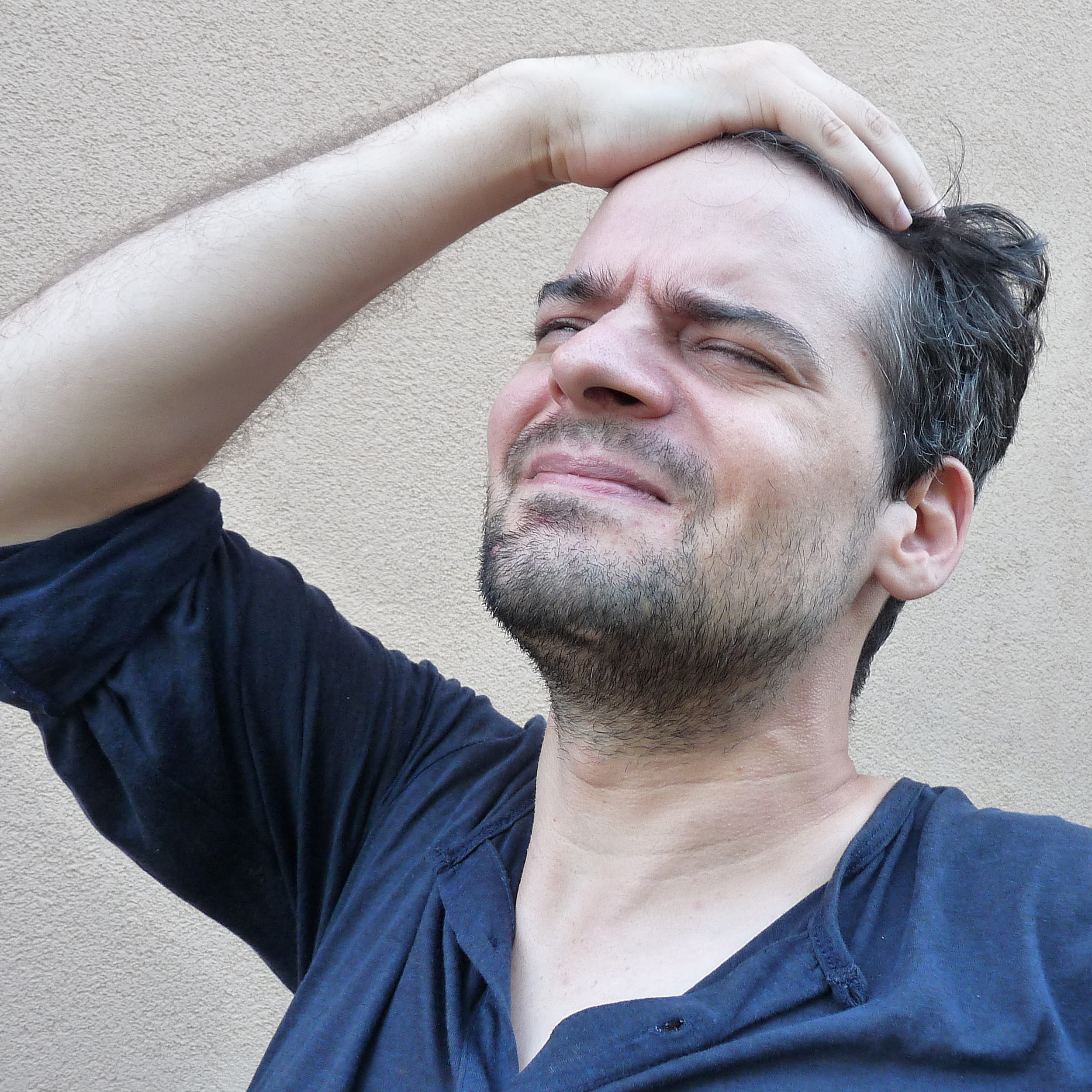 real people, leisure activity, casual clothing, eyes closed, human face, close-up, front view, beard, one person, one man only, Headache, stressed man, Phone HD Wallpaper
