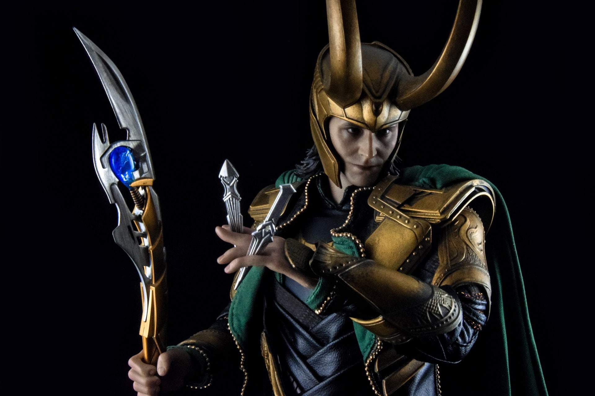 1080P, weapon, looking at camera, disguise, Figurine, portrait, indoors, front view, one person, costume, mask - disguise, adult, sword, studio shot, black background, HD Wallpaper