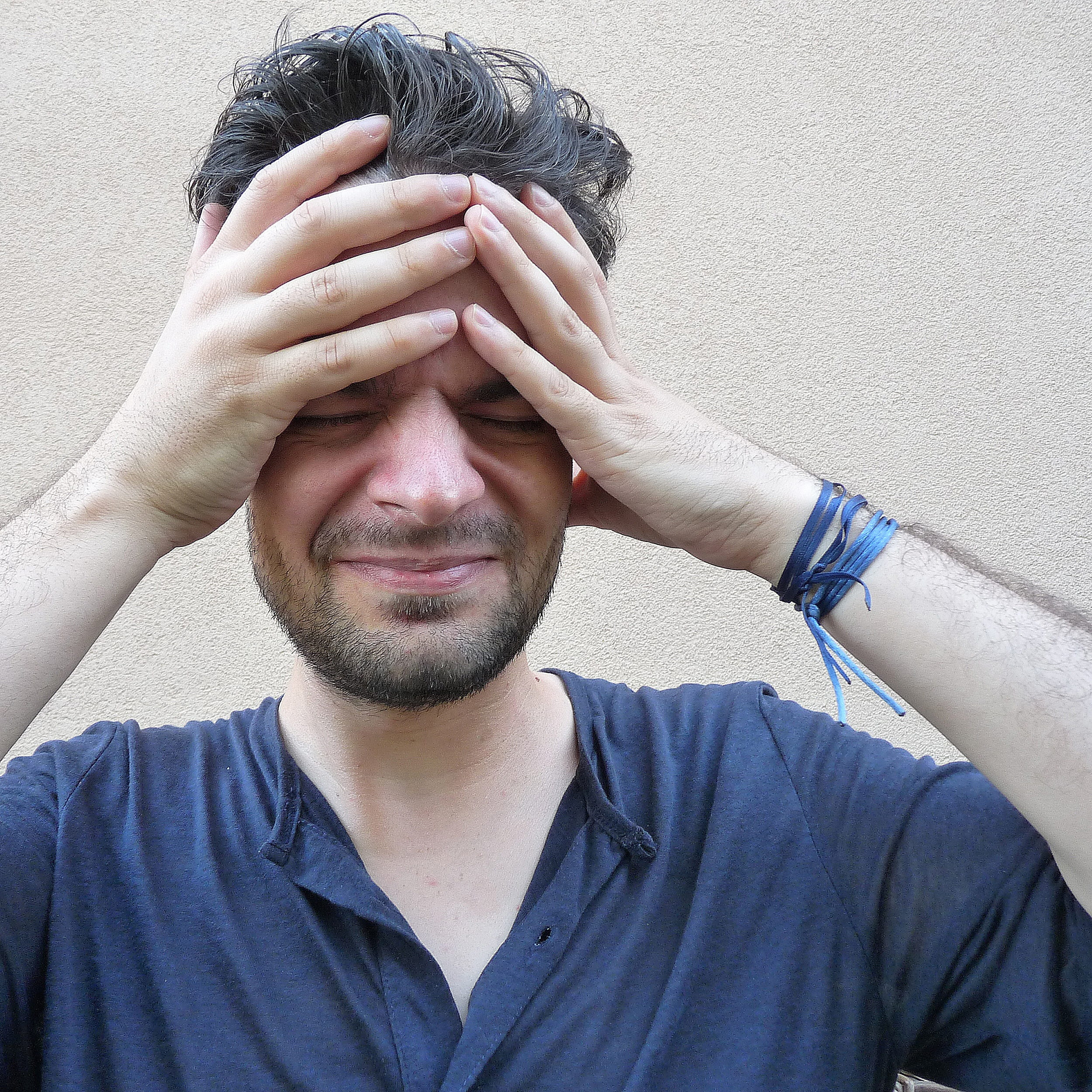 hands covering eyes, young men, emotion, head in hands, young adult, 1080P, sadness, unhappy, beard, headache, depression - sadness, men, obscured face, Phone HD Wallpaper