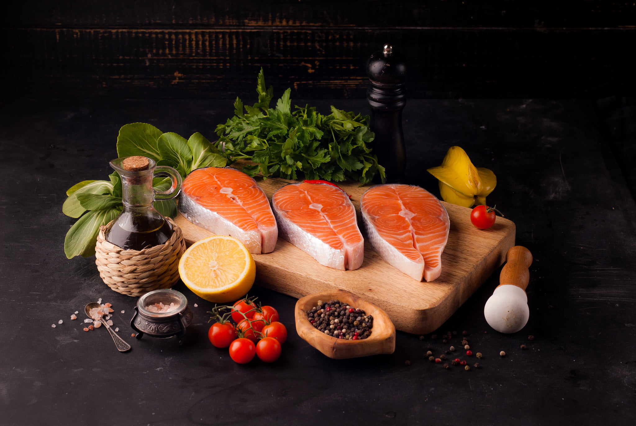 Tomato, Oil, Still Life, Seafood, Food, Salmon, 1080P, Fish, HD Wallpaper