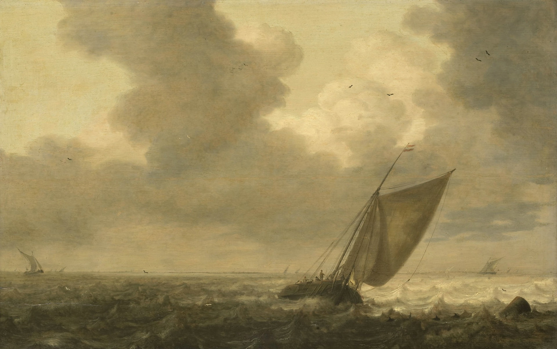 oil, seascape, Peter Mulier I, Fishing Boat under Sail Is in the Wind, picture, tree, 1080P, HD Wallpaper