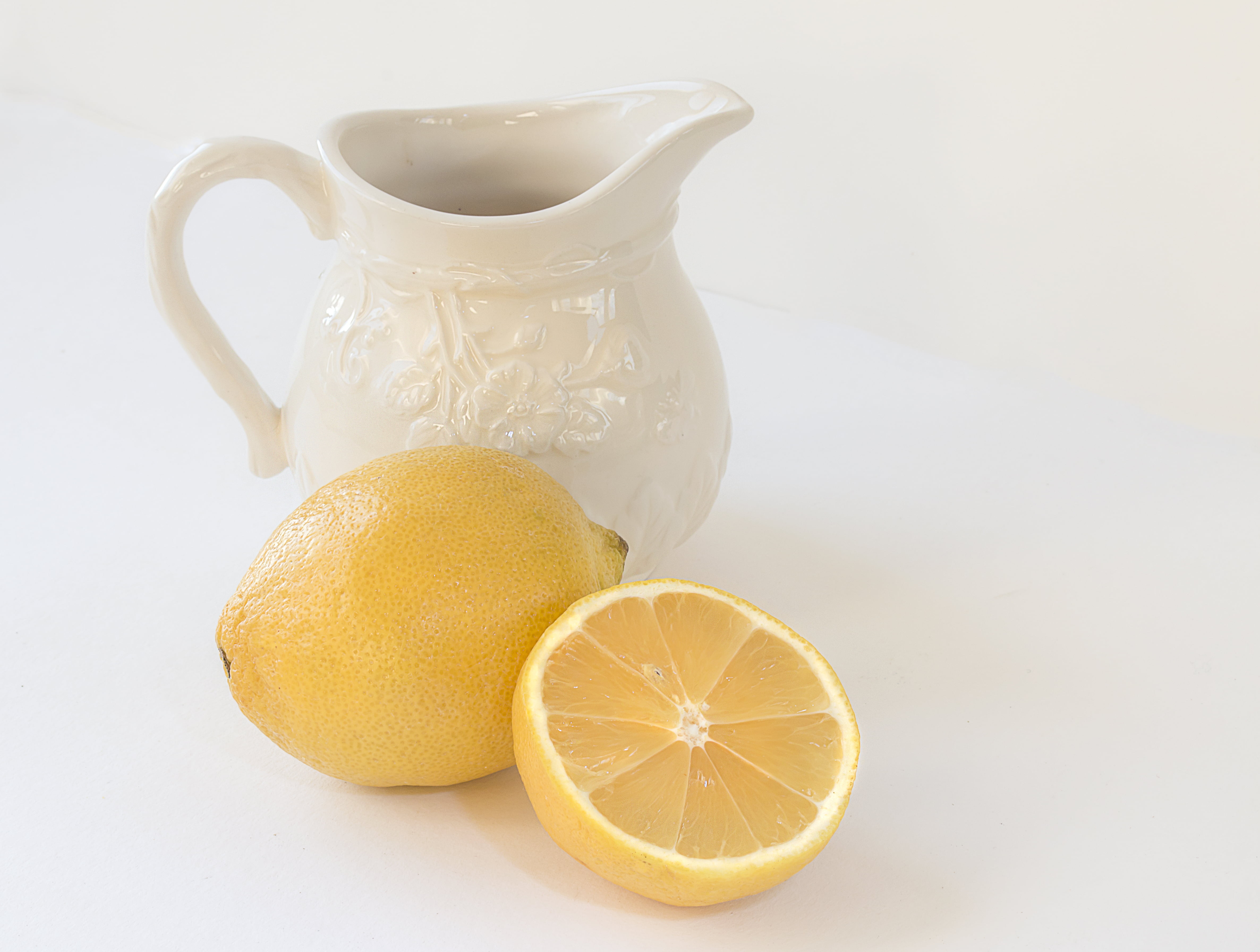 jug, milk, sliced, food, fruit, 4K, yellow, whiteground, citrus, pitcher, citrus Fruit, drink, highkey, lemon, freshness, HD Wallpaper