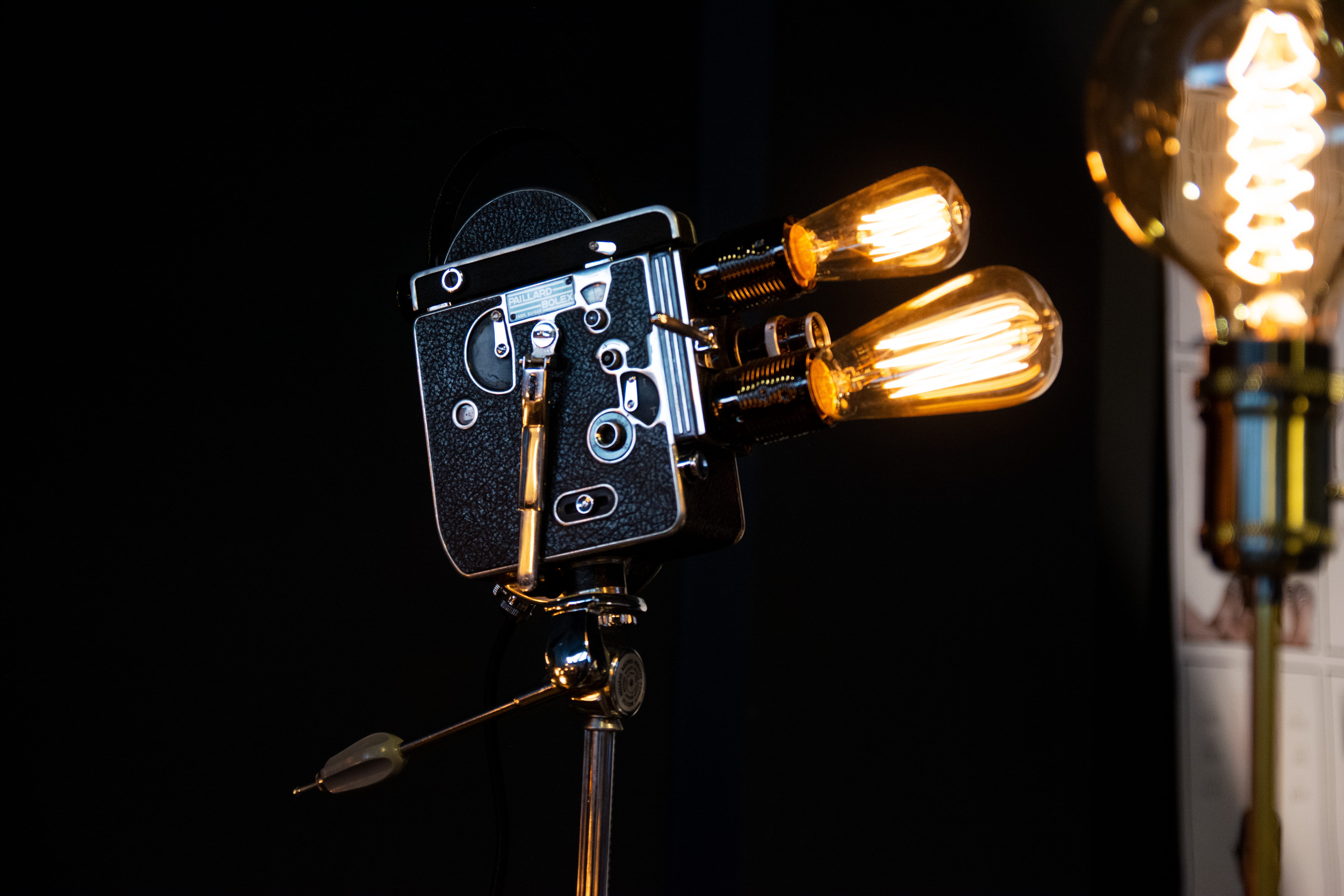 black, arts culture and entertainment, video camera, studio shot, bulb, communication, lightbulb, microphone, electronics, 5K, close-up, lamp, camera, HD Wallpaper