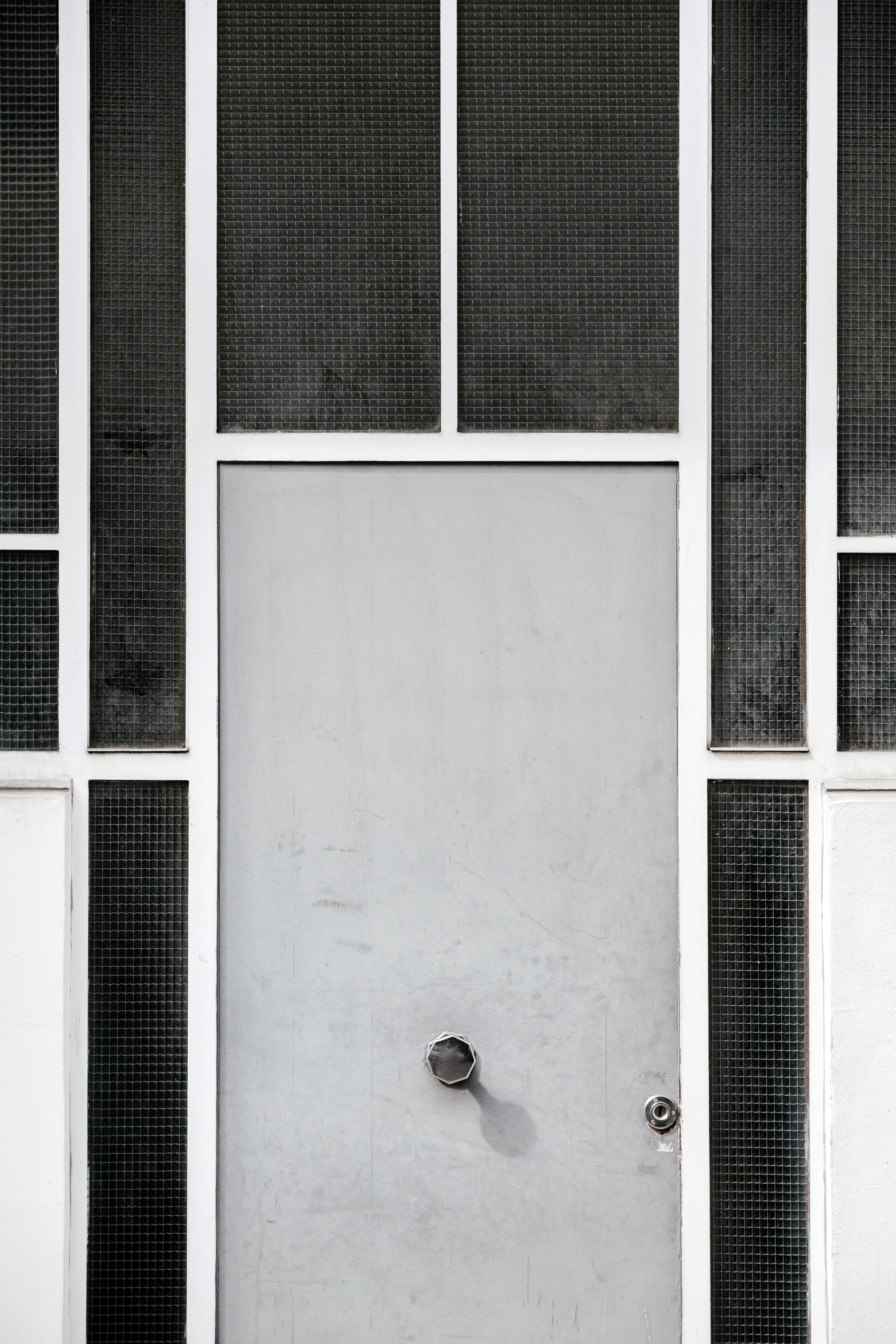 black and white, architectural detail, closed, line, pattern, full frame, 5K, wall, architecture, outdoors, minimalism, gray, day, safety, built structure, Phone HD Wallpaper