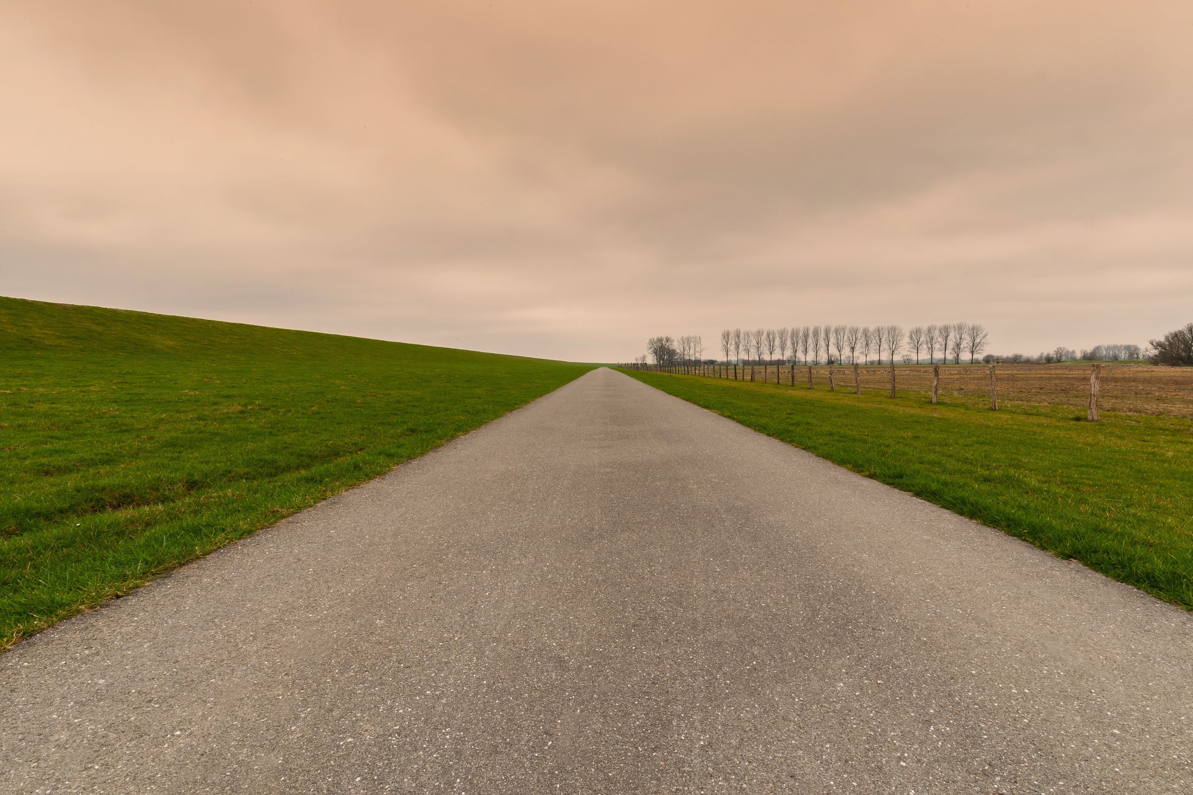 the way forward, diminishing perspective, asphalt, vanishing point, overcast, landscape, direction, sky, no people, single lane road, nature, cloud - sky, HD Wallpaper
