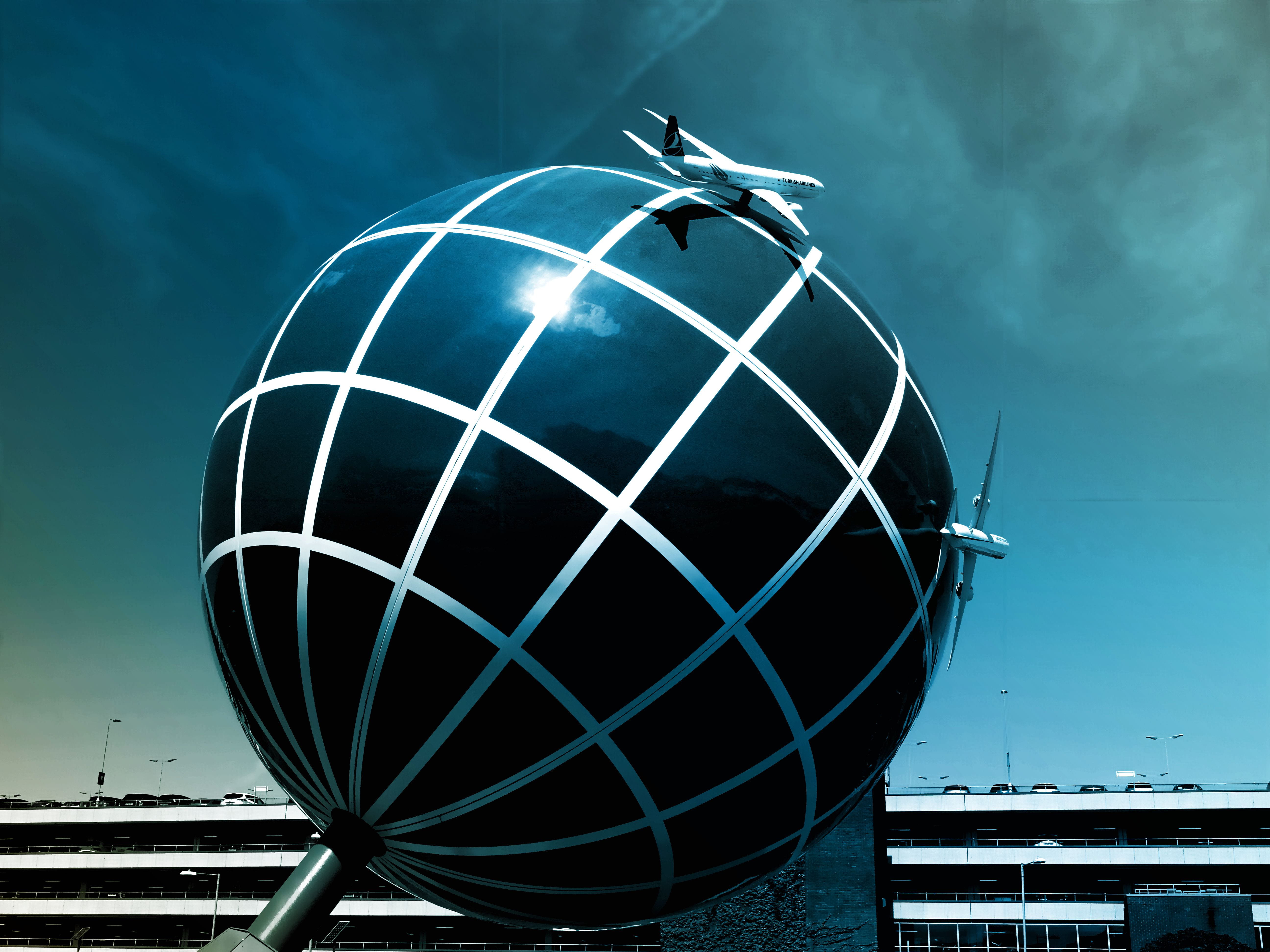 sphere, close-up, airplanes, nature, cars, design, building exterior, no people, sculpture, spherical, sky, metal, transportation system, shape, ball, reflections, HD Wallpaper