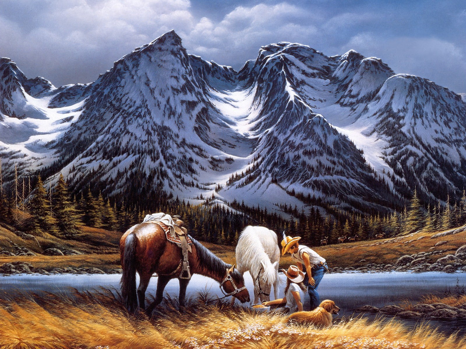 720P, woman, illustration, golden, animal, two, landscape, horse, nature, snow, retriever, mountain, man, outdoors, horses, one, HD Wallpaper