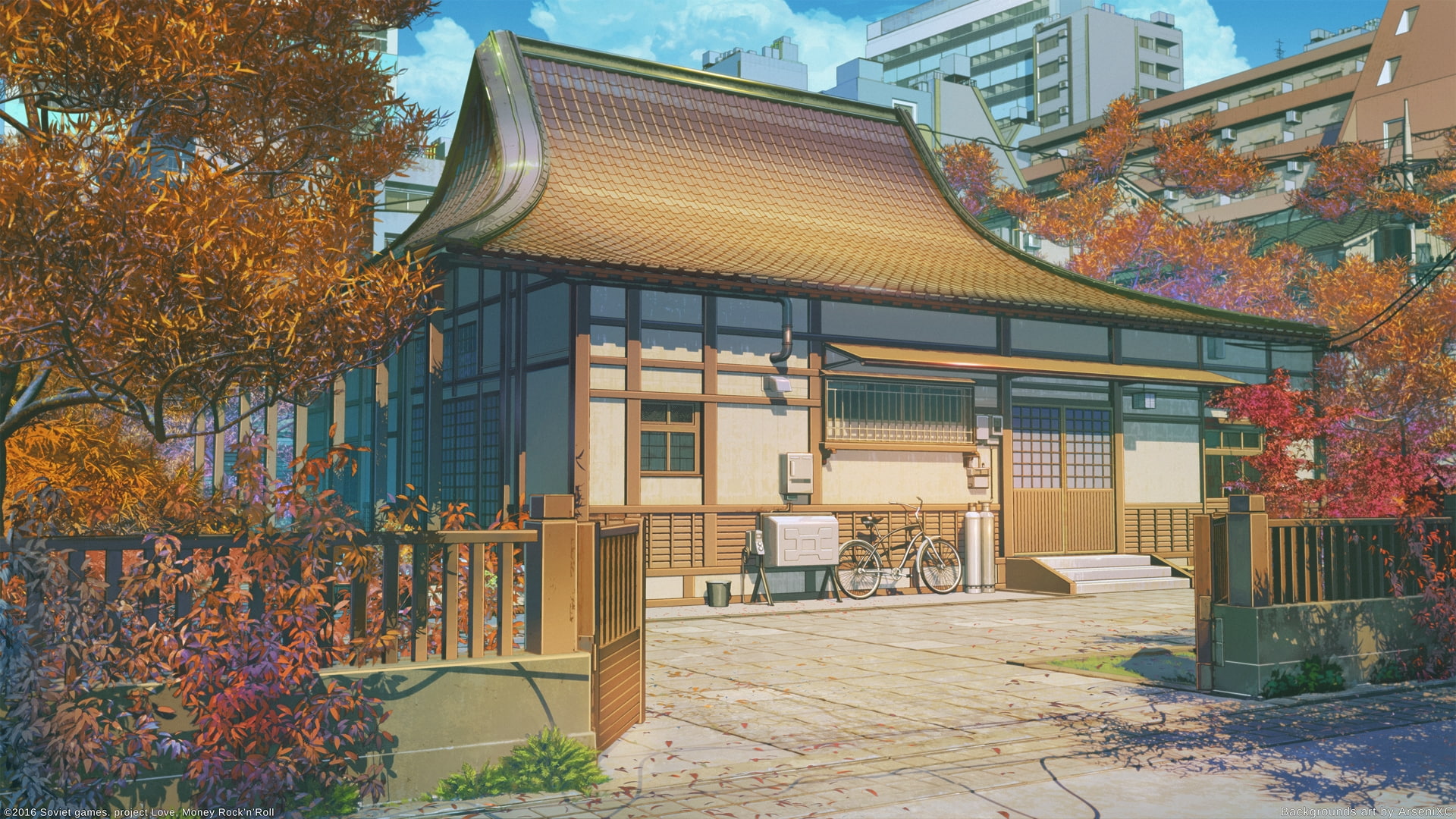 trees, bicycle, 1080P, fence, Anime, house, anime landscape, scenic, traditional building, HD Wallpaper
