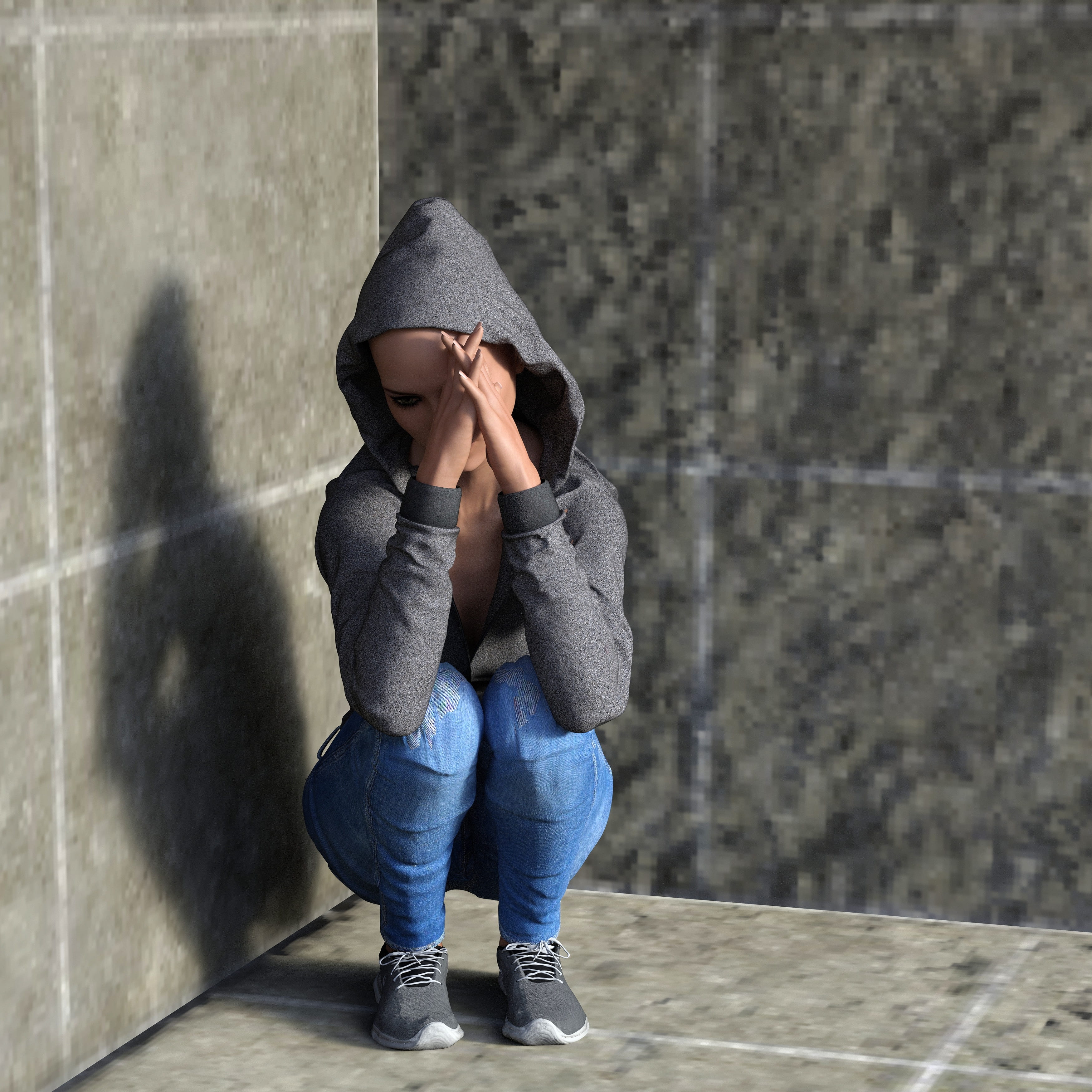 depression - sadness, despair, wall - building feature, woman, hood, child, sit, hooded shirt, hood - clothing, casual clothing, jeans, 2K, exhausted, Phone HD Wallpaper