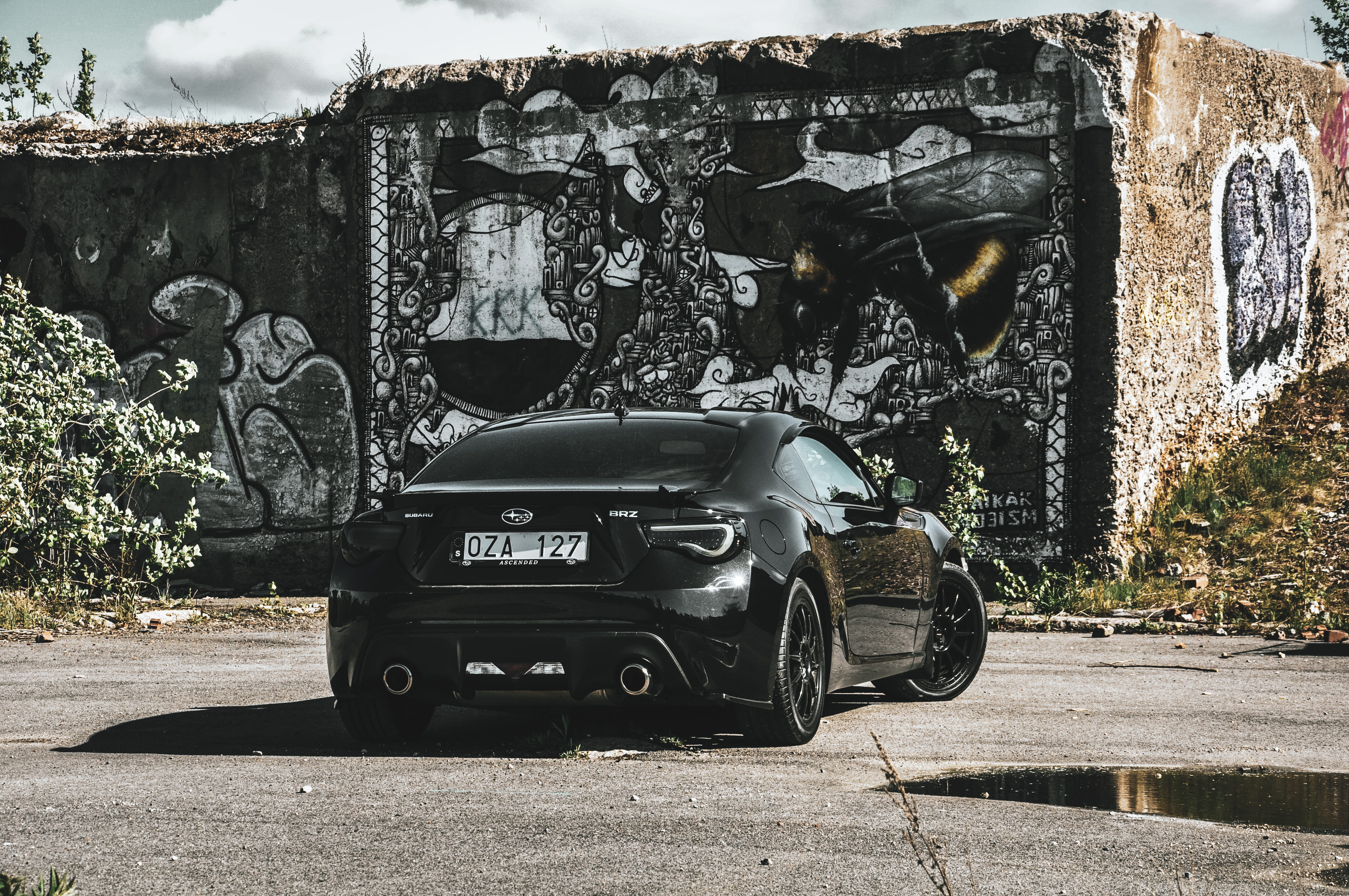 brz, land vehicle, tire, painting, machine, stationary, car wheel, text, sunlight, 4K, day, subaru, automobile, vehicle, sweden, road, built structure, HD Wallpaper