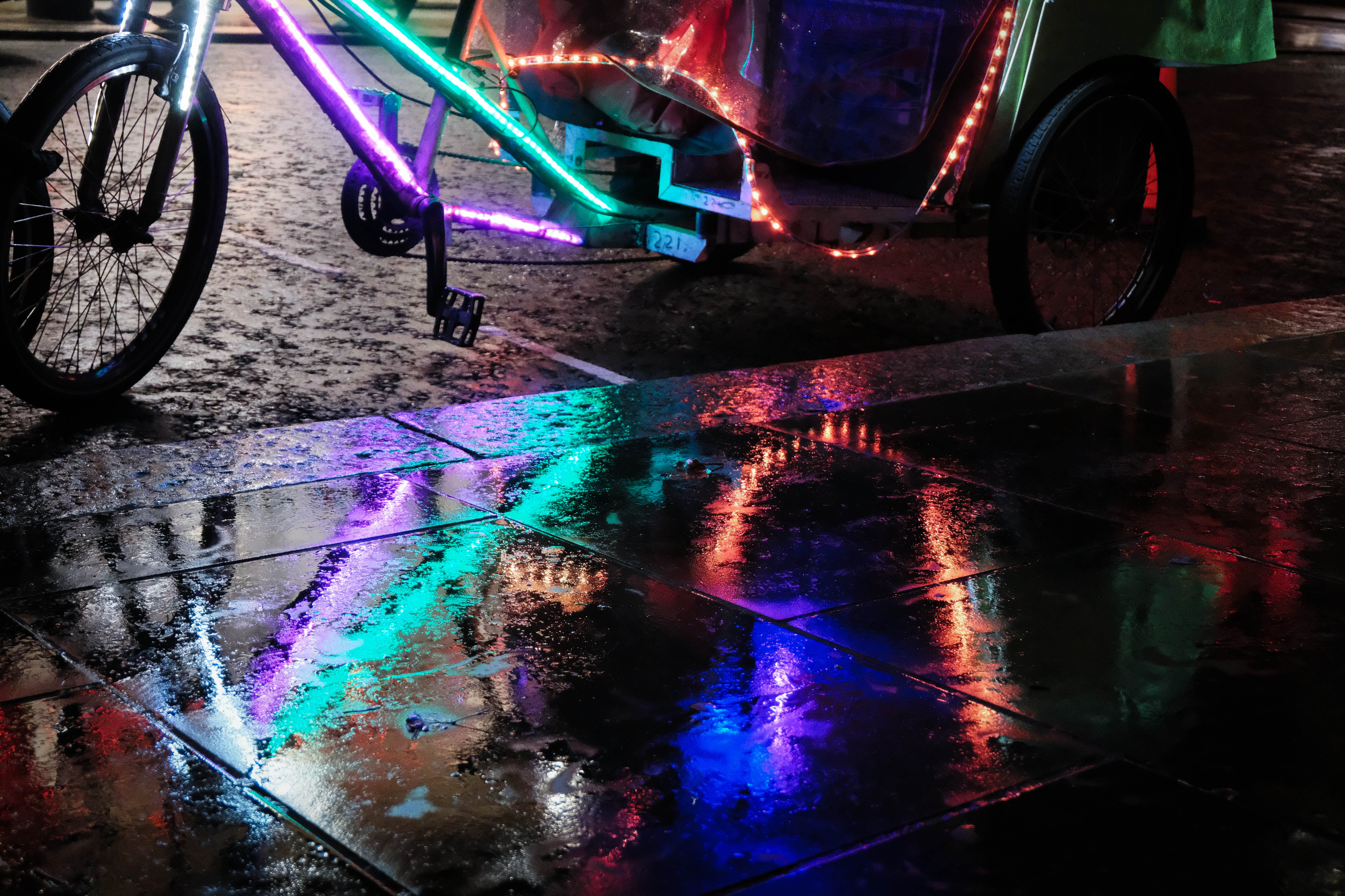 night, city, wet, road, tarmac, multi colored, bike, no people, water, pink color, purple, mode of transportation, arcade game machine, apparel, clothing, HD Wallpaper