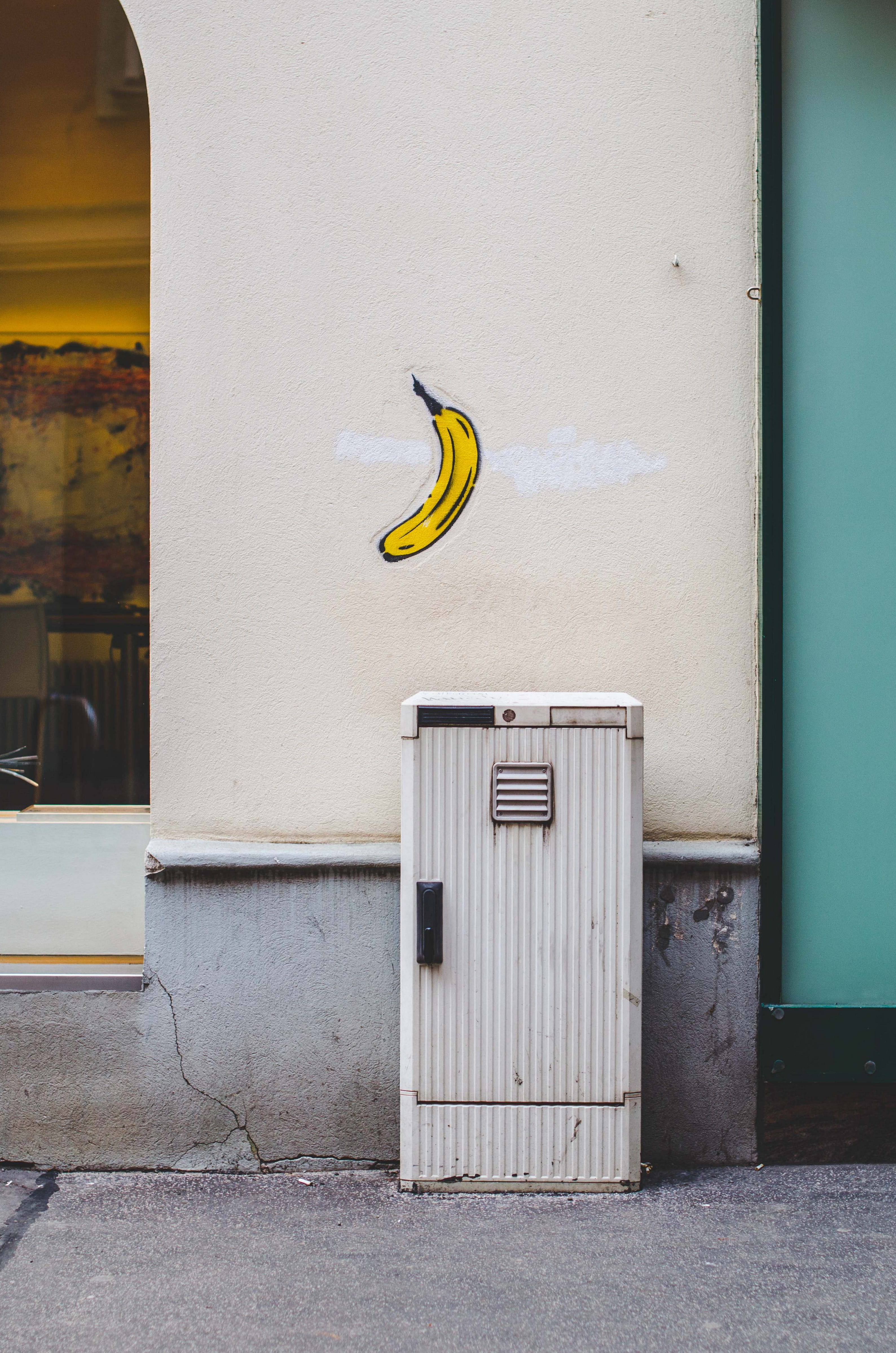 representation, clothing, door, art and craft, plant, banana, day, tin, 4K, water, home decor, white, wall, pants, built structure, mailbox, sticker, label, Phone HD Wallpaper