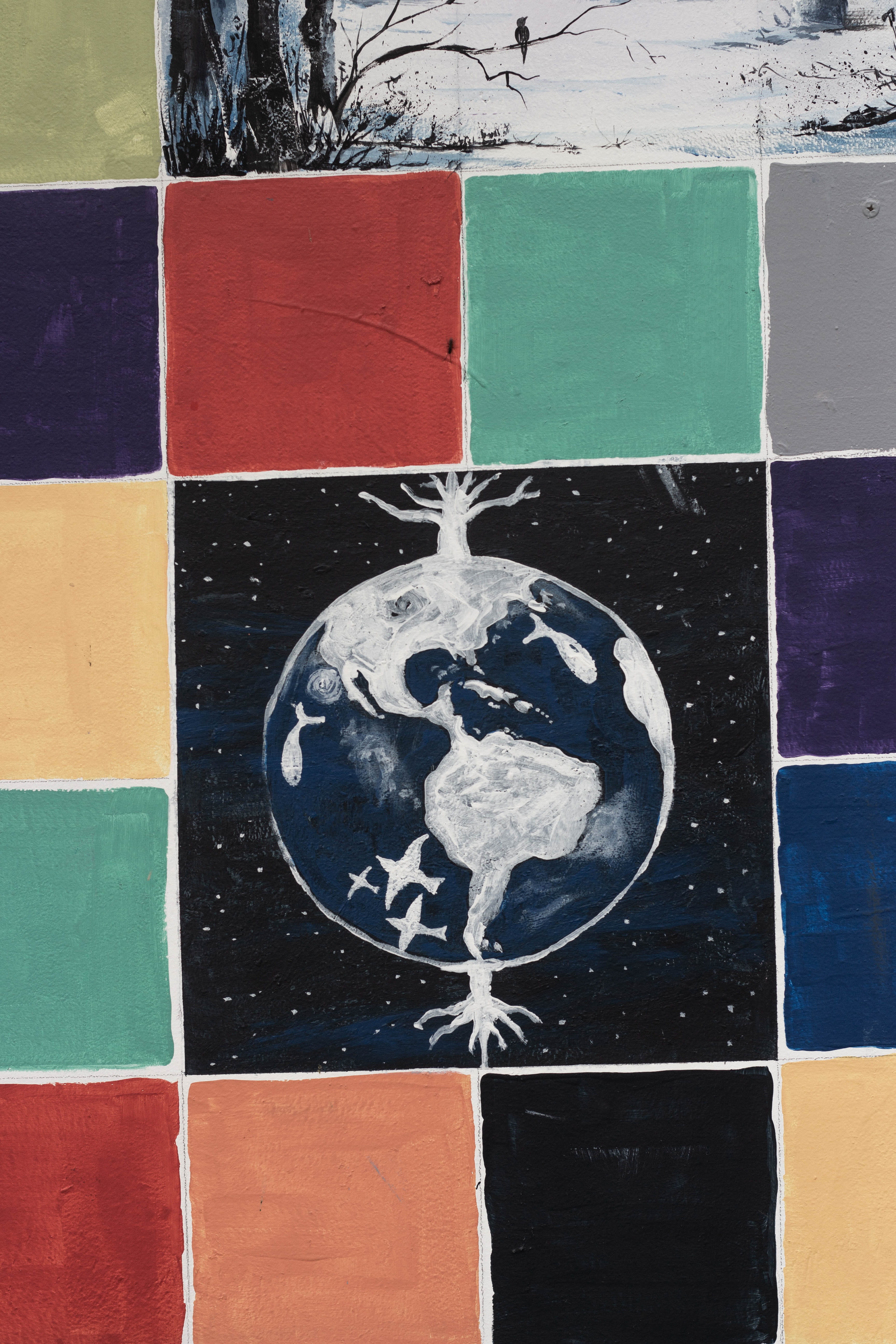 blue, no people, communication, bird, mosaic, wall - building feature, animal, backgrounds, art, red, mural, sphere, day, full frame, postage stamp, illustration, Phone HD Wallpaper