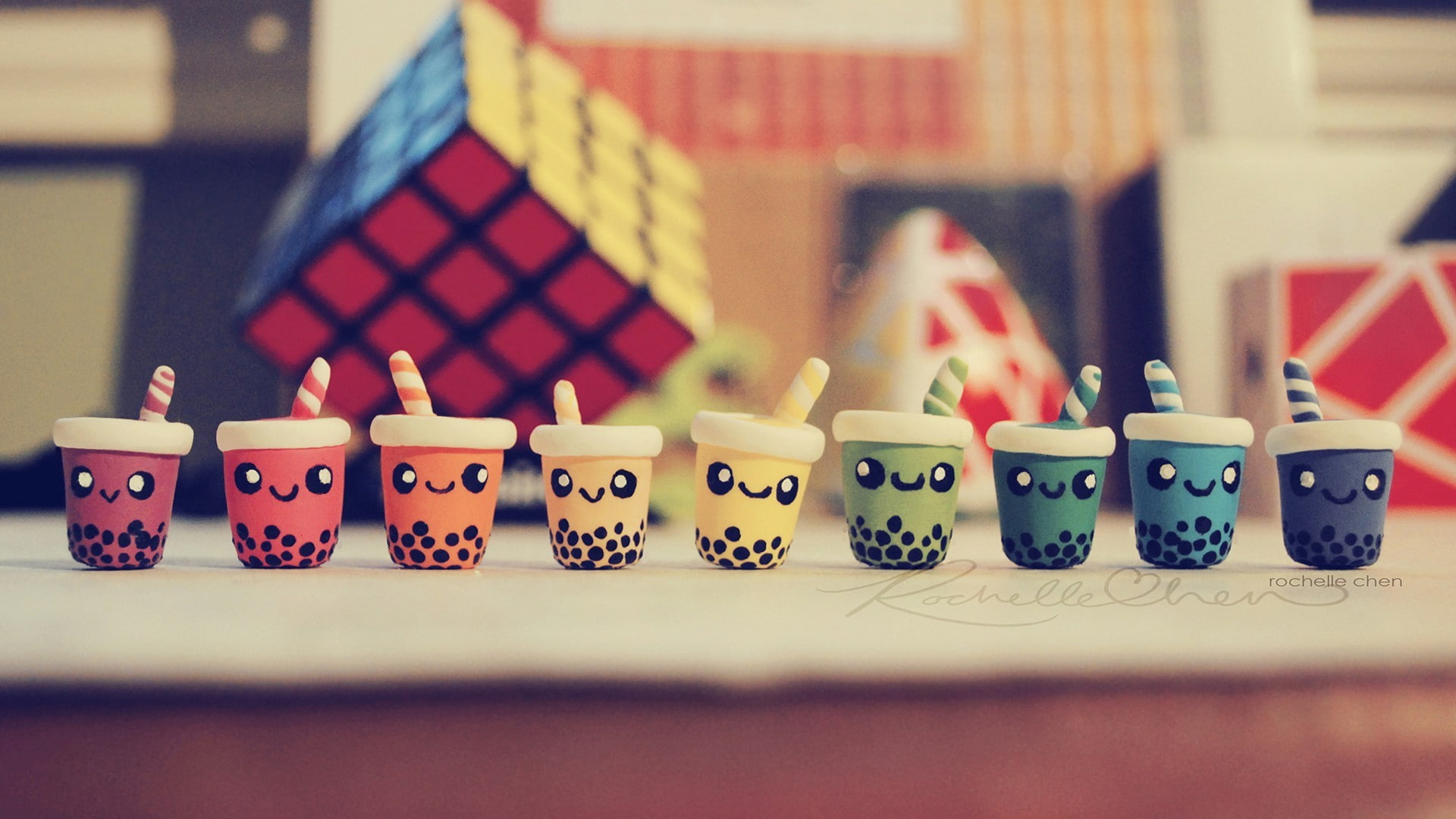 toys, 1080P, smile, mood, Rubiks cube, positive, tube, drink, cocktail, bright, faces, mugs, background, HD Wallpaper