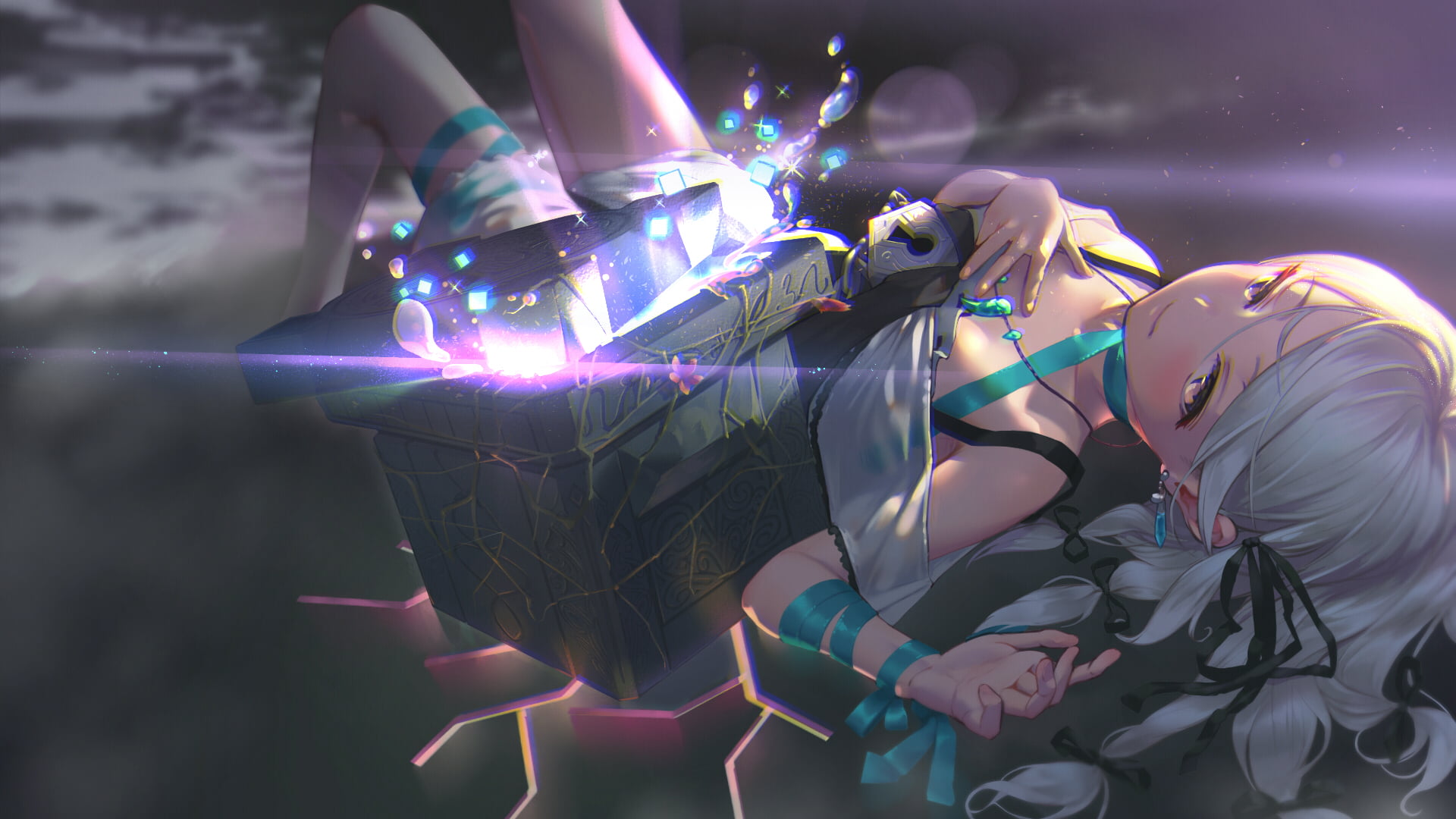 necklace, anime girls, magical girls, magic, lock, 1080P, anime, white hair, cube, HD Wallpaper