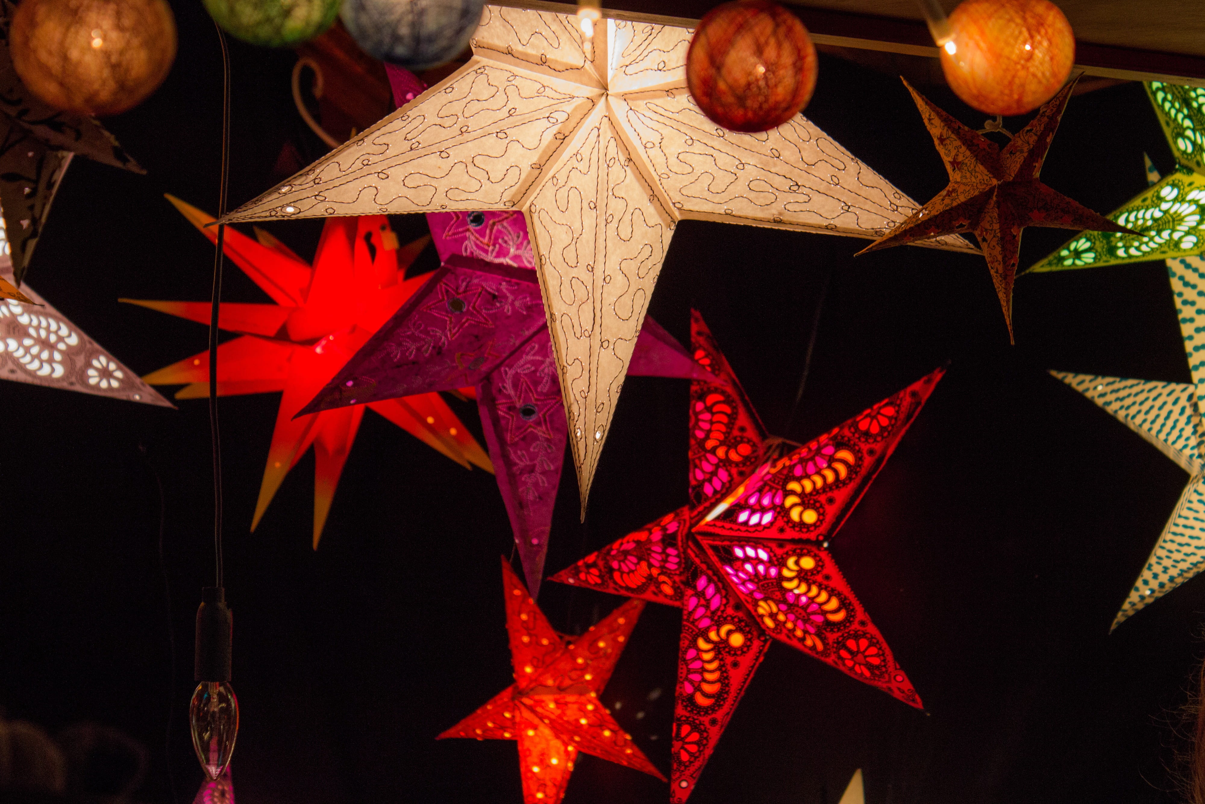 christmas time, decoration, black background, lights, sales stand, advent, poinsettia, evening, festival, assorted, ornaments, star, christmas decoration, HD Wallpaper