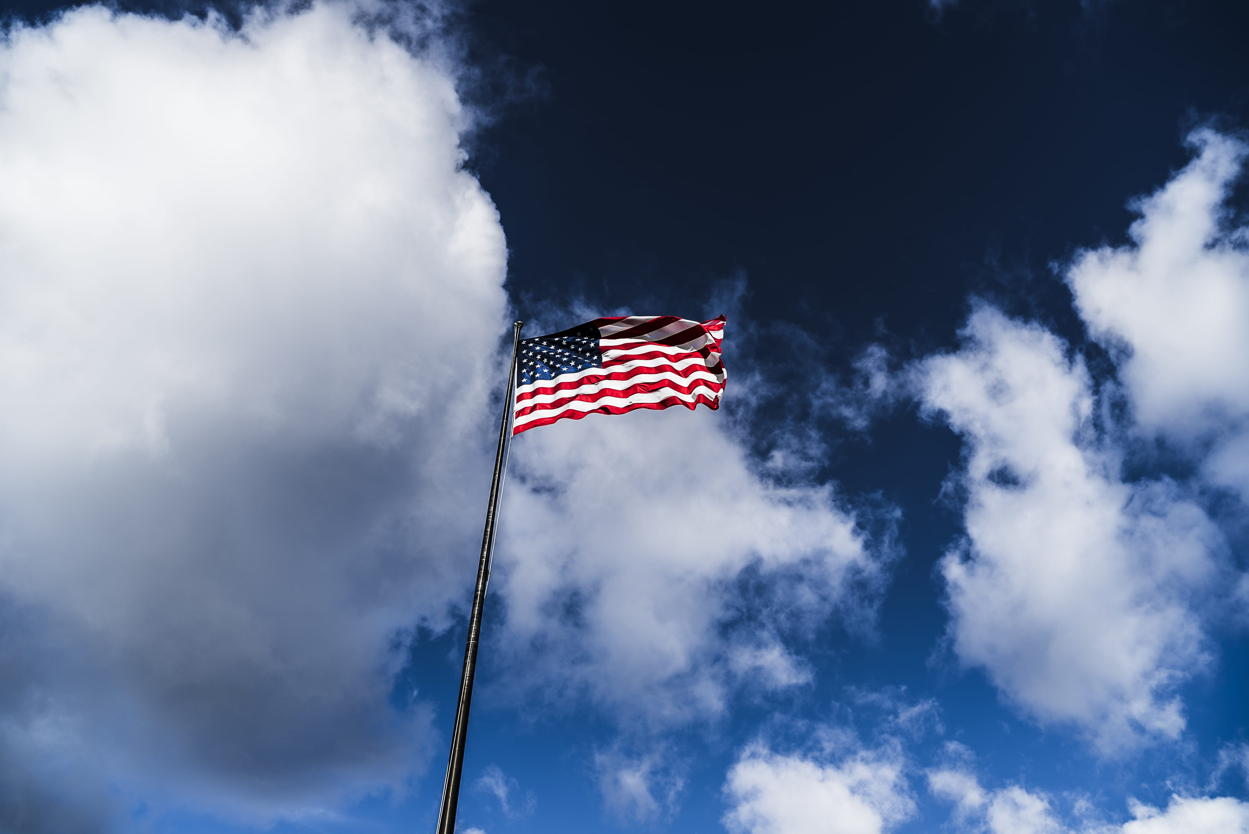 waving, clouds, outdoors, red, white, leisure activities, blue sky, cloud - sky, independence, sky, new york, low angle view, american flag, national icon, HD Wallpaper