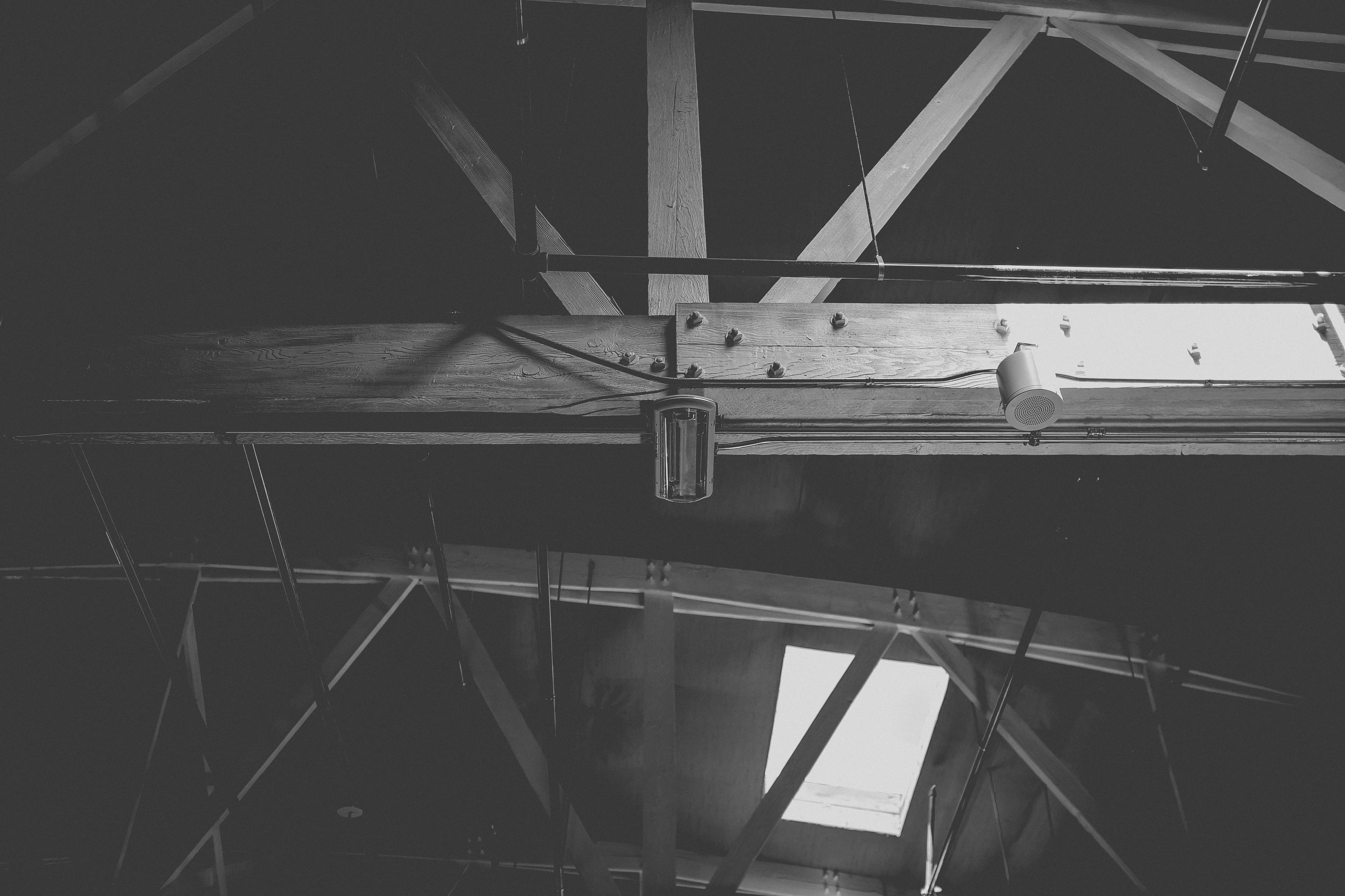 beam, ceiling, shadow, industry, architecture, abandoned, built structure, mood, light, construction, digital marketing, black and white, warehouse, transportation, HD Wallpaper