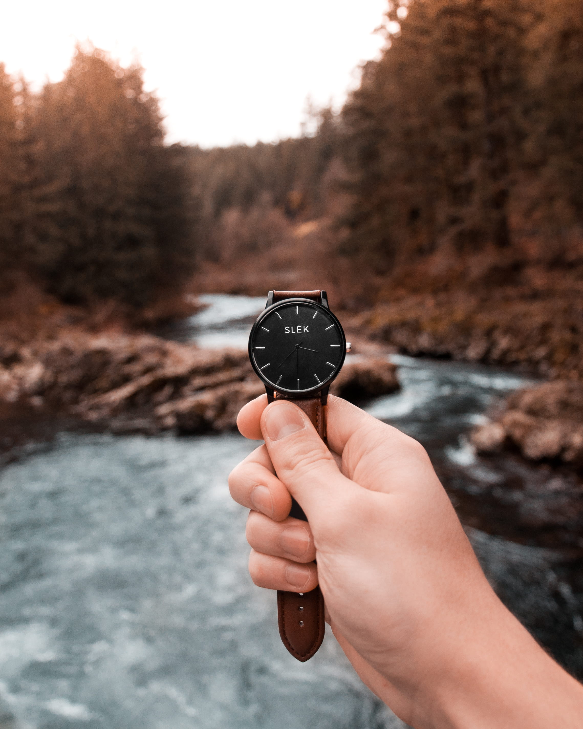 finger, watch, detail, tree, watch face, focus on foreground, analog, forest, leather band, people, human finger, river, personal perspective, human body part, Phone HD Wallpaper