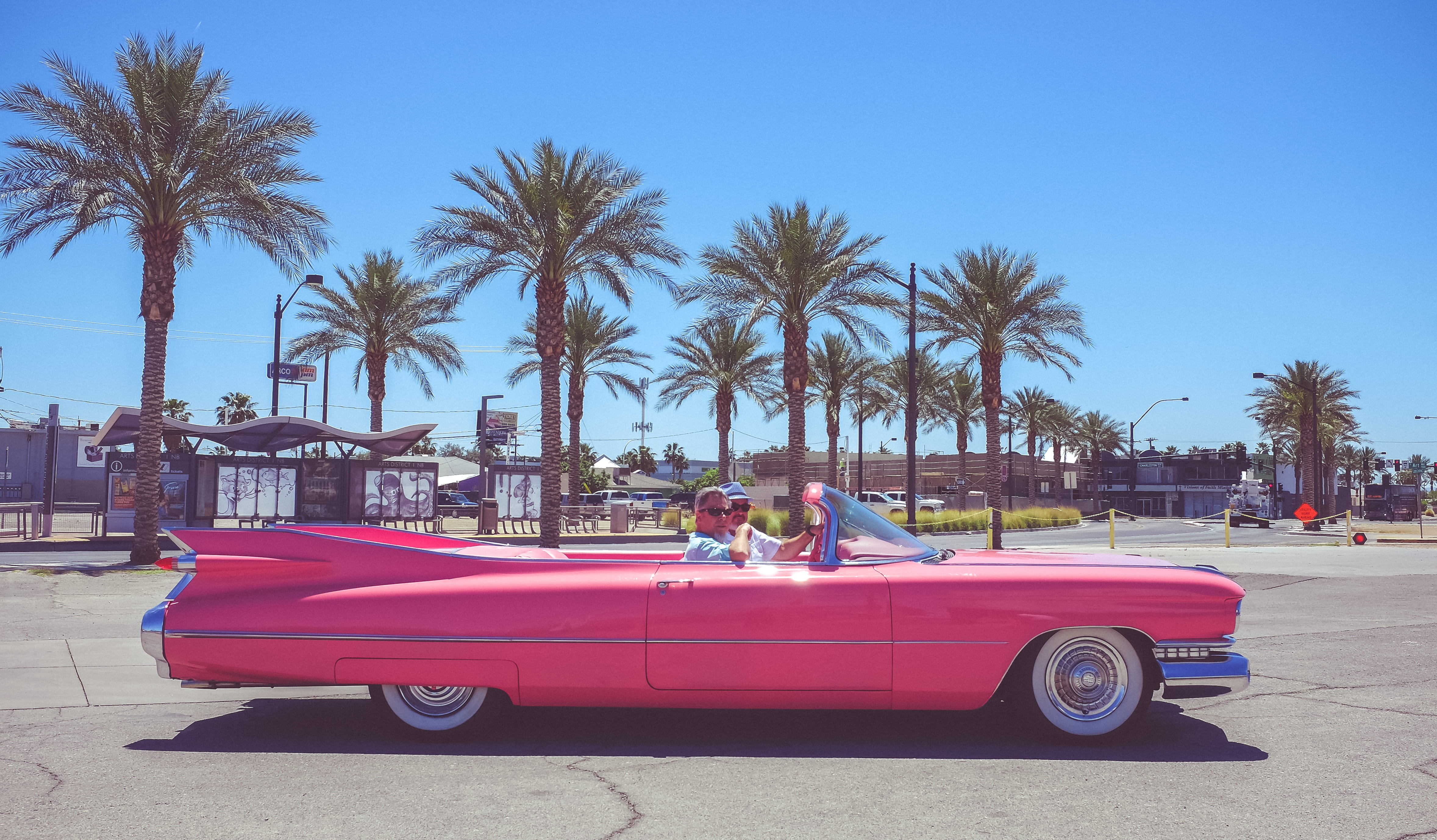 tree, 4K, outdoors, sky, vintage, motor vehicle, pink, vegas wedding, blue, automobile, elvi, real people, palm tree, v8, throwback, women, nature, las vega, HD Wallpaper