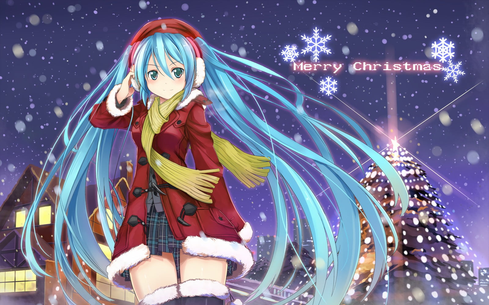 illuminated, outdoors, celebration, art and craft, snowing, Vocaloid, standing, anime girls, anime, cold temperature, blue hair, clothing, portrait, young women, HD Wallpaper