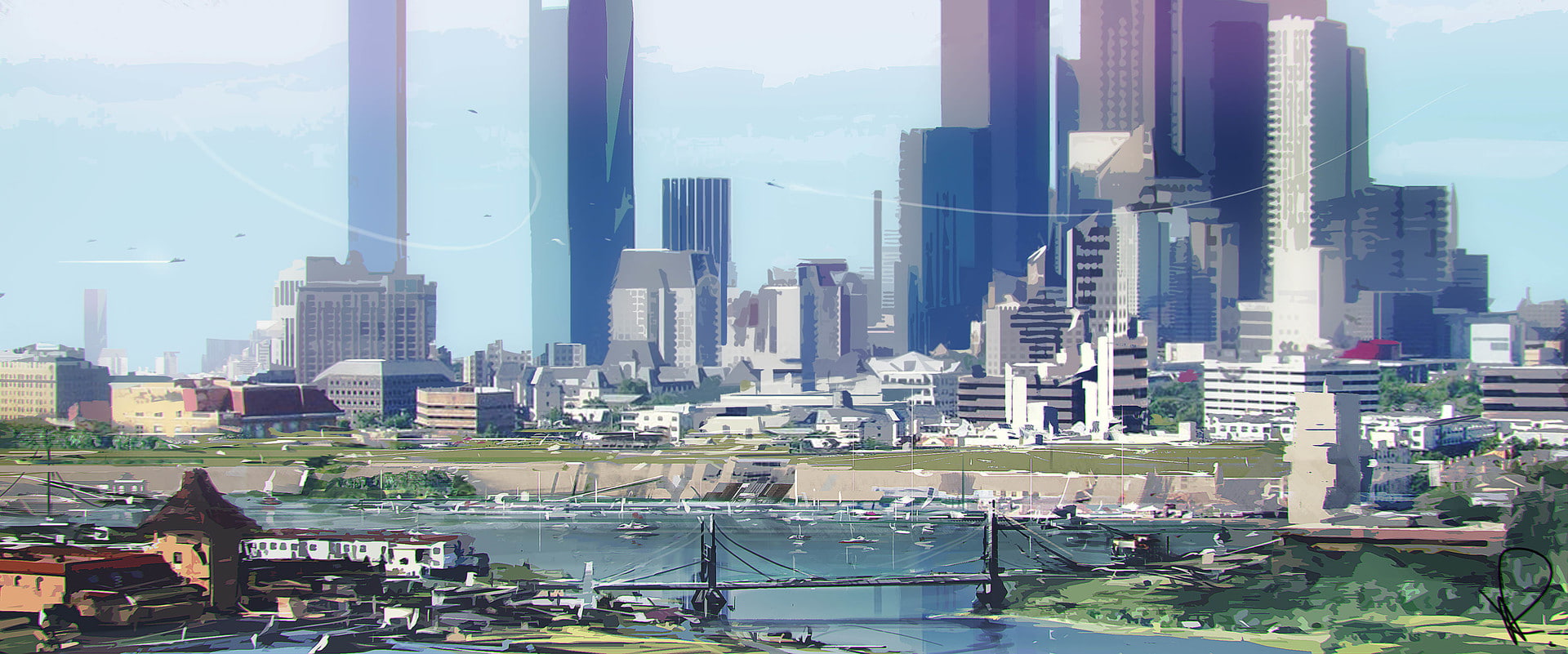 water, illustration, office, day, financial district, building, architecture, built structure, city, bay, cityscape, sky, skyscraper, tower, modern, nature, HD Wallpaper
