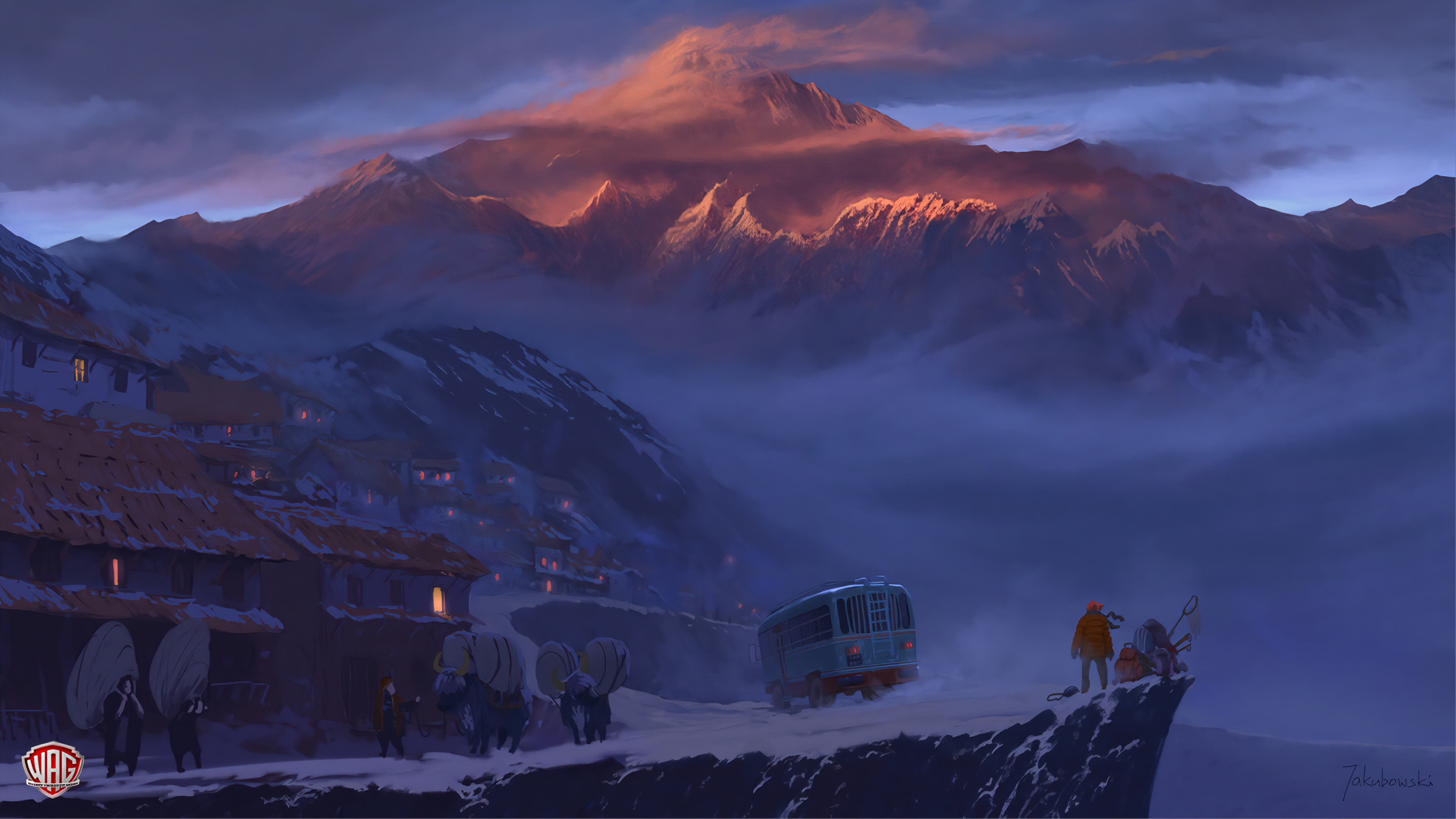 vehicle, buses, 4K, mountains, nature, Marcin Jakubowski, fantasy art, village, HD Wallpaper